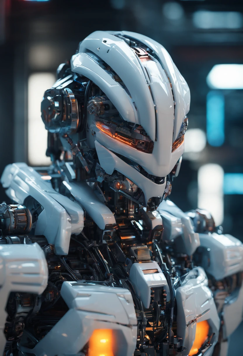 Gundam Mecha , science fiction, Front view, senso de tecnologia, c4d, Renderizador OC, Motor irreal, High detail, desenho industrial, HD 8K, studiolight, retroA closeup of a robot with a blue light on its head, robotic bionic technical, futuristic robot, cute robot, white robot, cute humanoid robot, futuristic robots, concept robot, futuristic robot body, futuristic robotics, close-up of a standing robot, humanoid robot, robotic body, portrait of a futuristic robot, friendly humanoid cyber robot