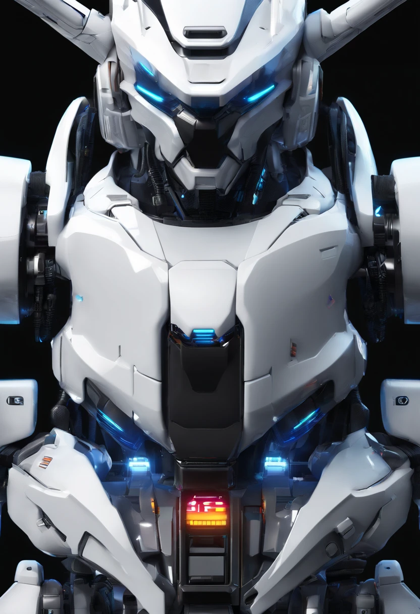 Gundam Mecha , science fiction, Front view, senso de tecnologia, c4d, Renderizador OC, Motor irreal, High detail, desenho industrial, HD 8K, studiolight, retroA closeup of a robot with a blue light on its head, robotic bionic technical, futuristic robot, cute robot, white robot, cute humanoid robot, futuristic robots, concept robot, futuristic robot body, futuristic robotics, close-up of a standing robot, humanoid robot, robotic body, portrait of a futuristic robot, friendly humanoid cyber robot