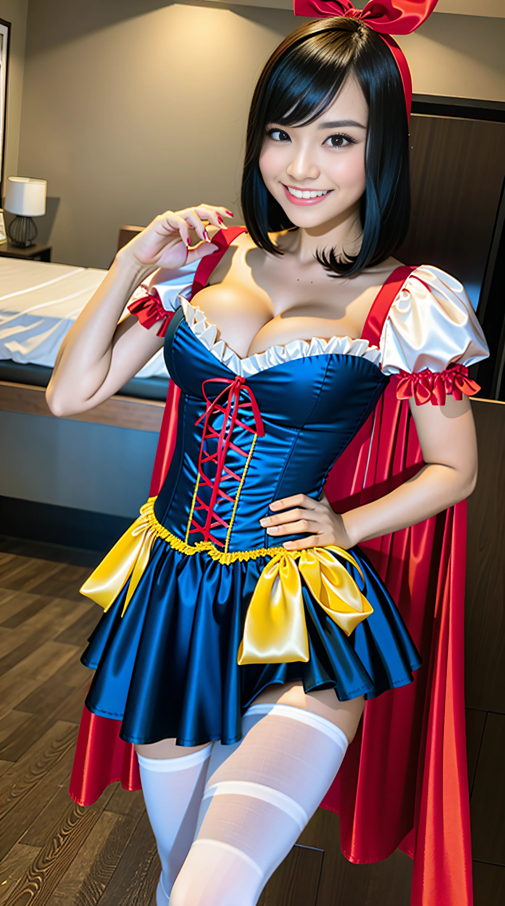 1girl, cute, kawaii,(smile:0.9),(dimple:1.2), 16years old, large breasts, narrow waist,wide hip,straight hair, short hair, black eyes, white fine skin,small mouth,slender, sexy pose,(cleavage:1.2),
snow white costume, silk blue corset, red white slashed puffer shoulder sleeves, silk yellow pleated skater silk skirt, white leggings, red hairband, red cape, maximum resolution. dimmed lighting, bedroom