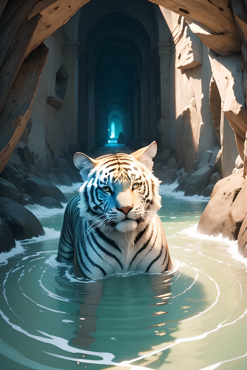 labirinto com paredes cobertas de galhos, tigre branco dentro do labirinto, Epic photo