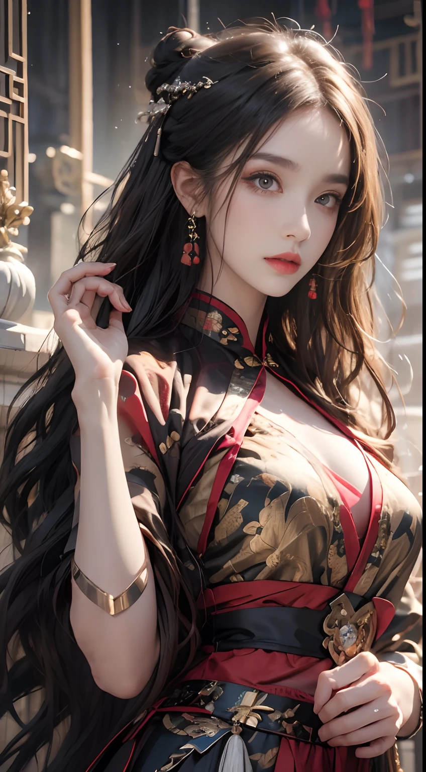 Photorealistic, high resolution, 1 woman, Hips up, Beautiful eyes, Long hair, ringed eyes, jewelry, tattoo, Hanfu, Chinese fairy, Taoist uniform