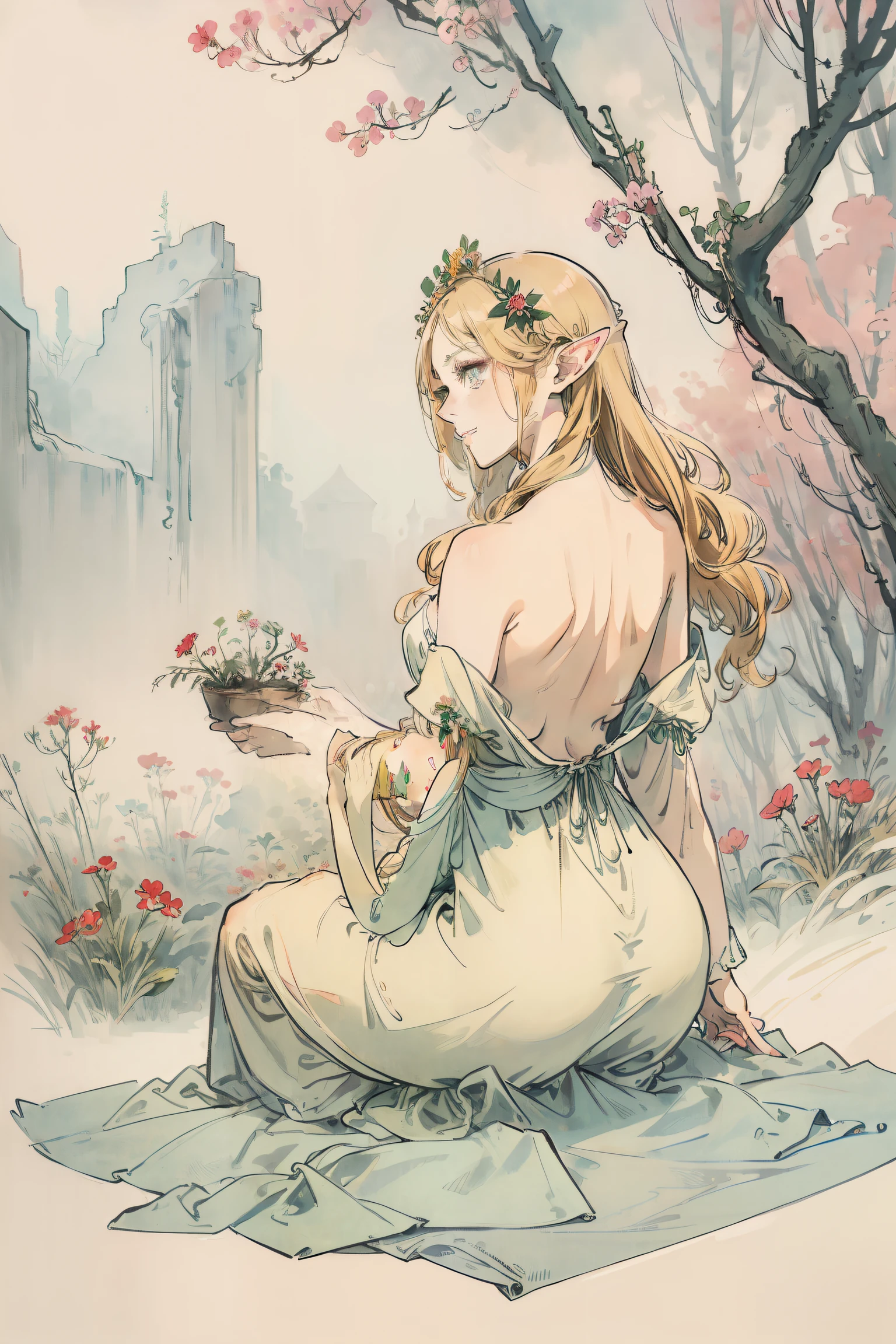 SFW,masutepiece, Best Quality, High resolution, 1girl in, Full body, Details Girl, detail hands, Detail fingers, Detail Face, detail legs, 1girl in, elf, Looking down, Flower Garden, Black sky, smog, watercolor paiting, pale skin, Petite, Blonde hair, Long hair, Wavy Hair, saddened, mournful smile, Green eyes, tareme, medium breasts, white ????????, Bare back, Kneeling, Planting trees