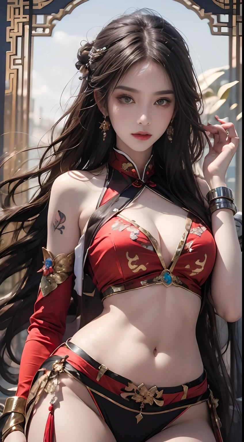 Photorealistic, high resolution, 1 woman, Hips up, Beautiful eyes, Long hair, ringed eyes, jewelry, tattoo, Hanfu, Chinese fairy, Taoist uniform