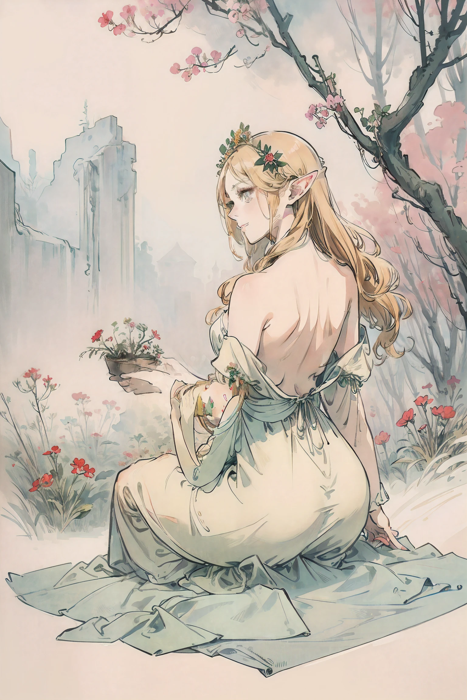 SFW,masutepiece, Best Quality, High resolution, 1girl in, Full body, Details Girl, detail hands, Detail fingers, Detail Face, detail legs, 1girl in, elf, Looking down, Flower Garden, Black sky, smog, watercolor paiting, pale skin, Petite, Blonde hair, Long hair, Wavy Hair, saddened, mournful smile, Green eyes, tareme, medium breasts, white sundress, Bare back, Kneeling, Planting trees