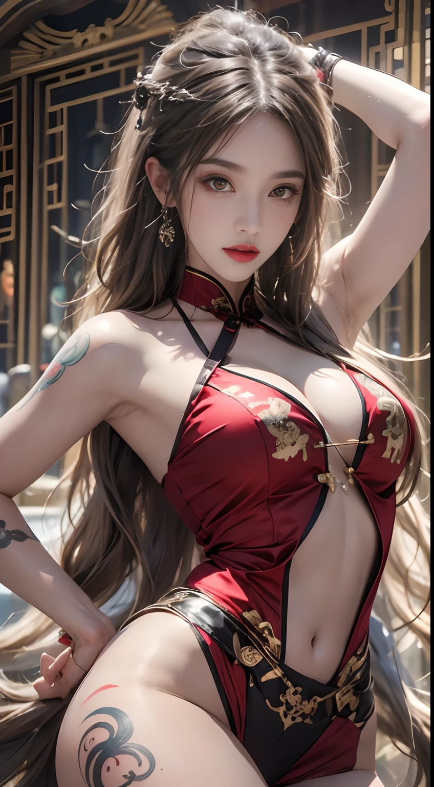 Photorealistic, high resolution, 1 woman, Hips up, Beautiful eyes, Long hair, ringed eyes, jewelry, tattoo, Hanfu, Chinese fairy, Taoist uniform