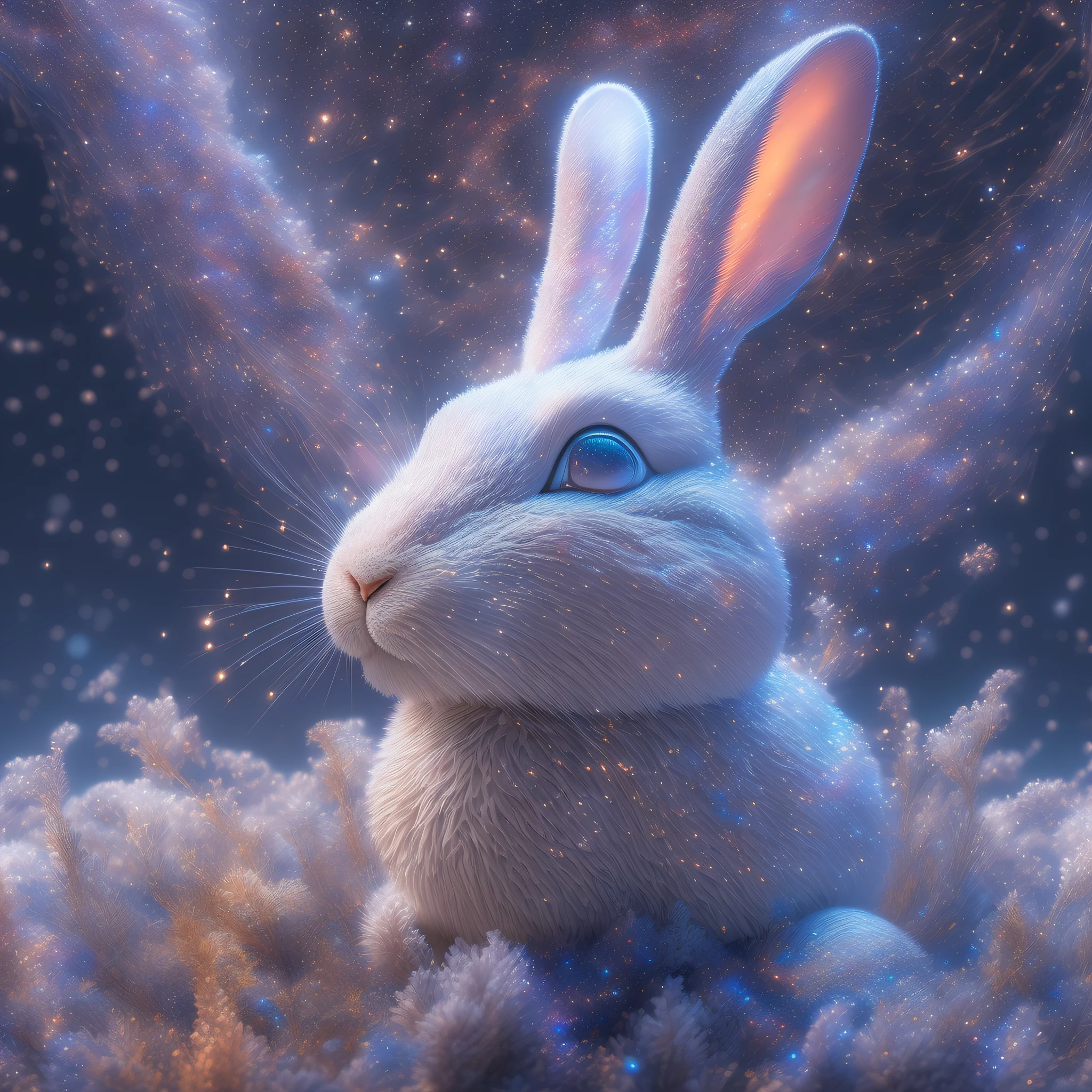 (Best quality,4K,8K,A high resolution,Masterpiece:1.2),Ultra-detailed,(Realistic,Photorealistic,photo-realistic:1.37),galaxias, spirals, space, Starcloud, stars, Smoke, glitters, intricately details, (The shape of a white rabbit), brilliant colorful，rendering by octane、Octane number plot、Fantasyart