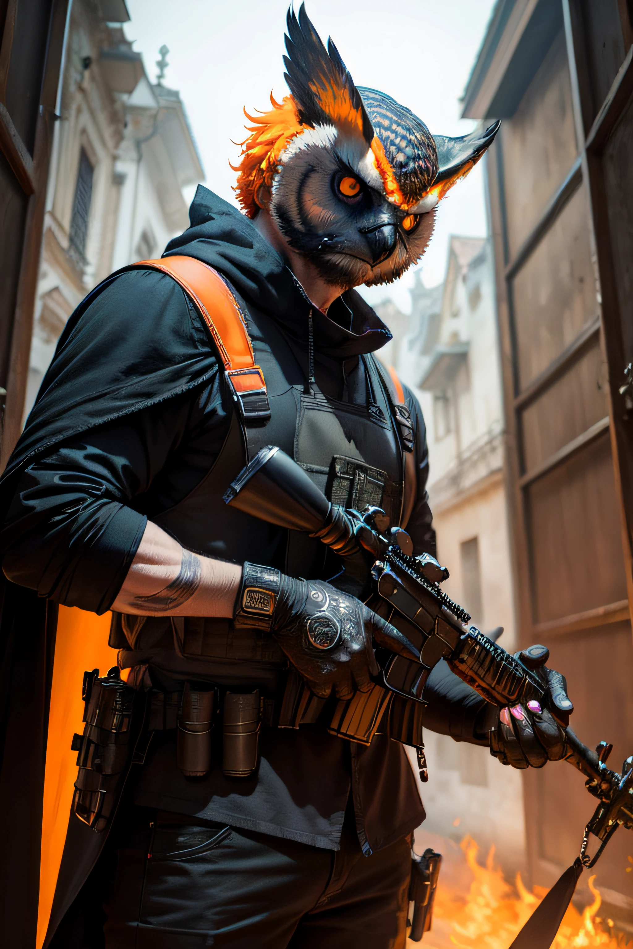 Hybrid of owl-headed man with orange eyes and grim expression, caracteristicas de coruja, usando terno,Manto das dores, holding a machine gun in one hand, ambiente laranja, Action, fantasia sombria