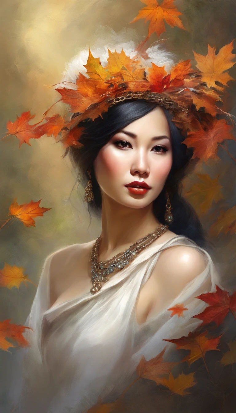 White face and white head,Asian woman holding microphone singing,Autumn leaves, beautiful fantasy portrait, beautiful fantasy art portrait, Beautiful surreal portrait, fantasy portrait, fantasy art portrait, detailed matte fantasy portrait, portrait of a dark fantasy nymph, Asian goddess, Beautiful digital artwork, gorgeous digital art,Background dream black surreal beautiful young woman, Fantasy art Behance,Cinematic light and shadow,k hd