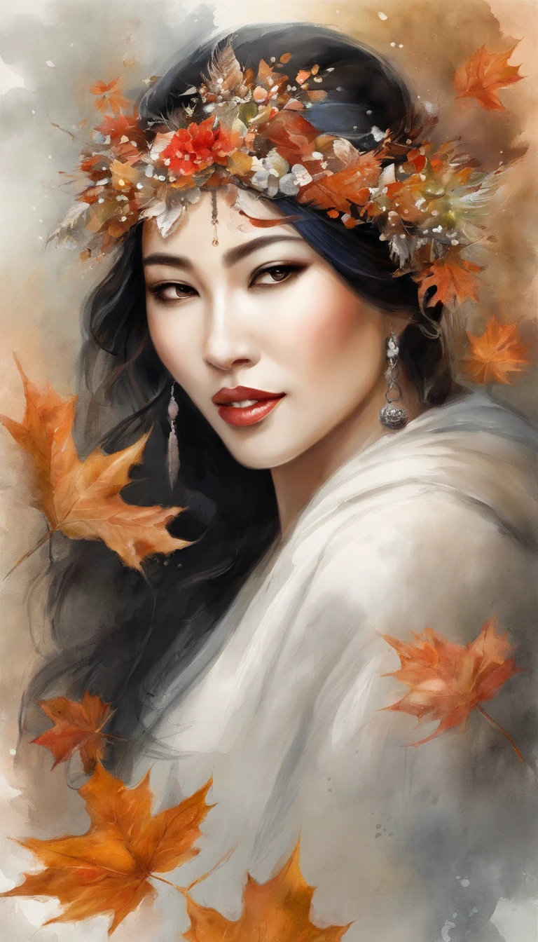 White face and white head,Asian woman holding microphone singing,Autumn leaves, beautiful fantasy portrait, beautiful fantasy art portrait, Beautiful surreal portrait, fantasy portrait, fantasy art portrait, detailed matte fantasy portrait, portrait of a dark fantasy nymph, Asian goddess, Beautiful digital artwork, gorgeous digital art,Background dream black surreal beautiful young woman, Fantasy art Behance,Cinematic light and shadow,k hd