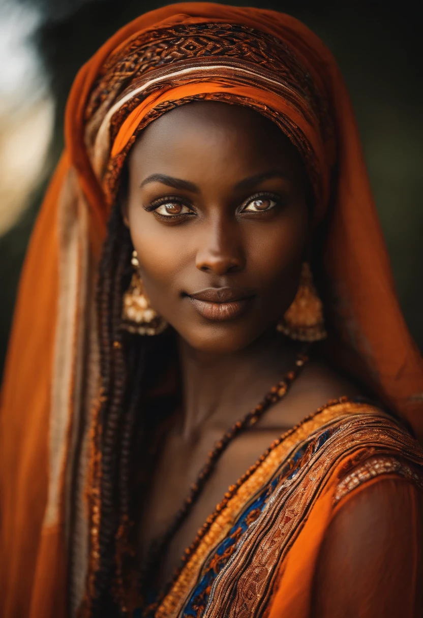 An attractive woman who is half Gambian and Swedish with blue eyes aged 25