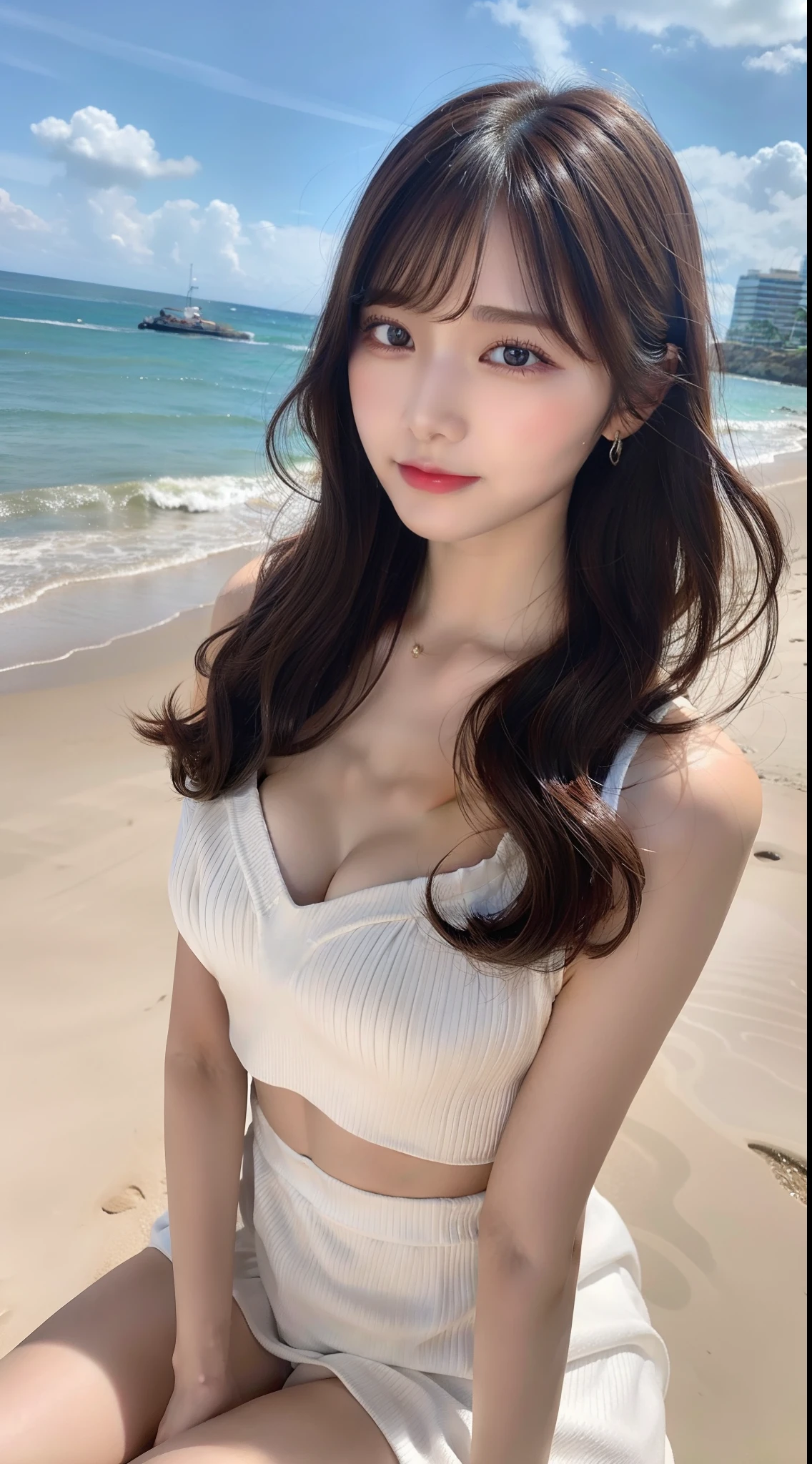 best quality, ultra high resolution, (photorealistic: 1.4), (detailed beautiful girl: 1.4), (medium breasts: 0.8), olhando_no_visualizador, detailed facial details, beautiful and detailed eyes, (brown hair), brown eyes, smile (makeup: 0.4), red lips, (full body, sitting, beach, high waves, ), very detailed clothes, (ulzzang-6500-v1. 1:0.3) \, cats, strong wind,
