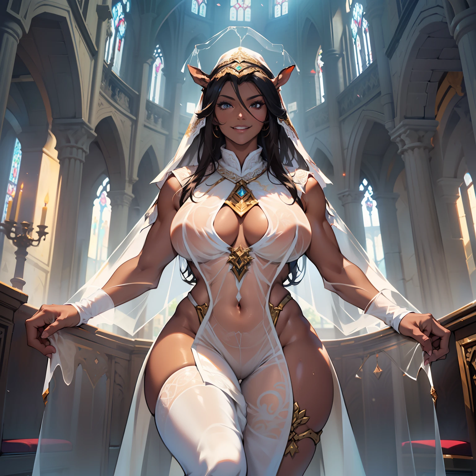 (high resolution, The pixels are perfect, luxurious illustration), (hyper qualit, Masterpiece, Ethereal: 1.4), (((see-through tabard:1.4))),nun,(((Completely naked ))),in church,((open leg)), ((bare Cameltoe)),mature female,Black areola,female public hair,(((Breasts seem to overflow from the tabard))),wetted skin, Armpit hairy,(((A MILF: 1.4))), (Curvy:1.35),((((Dark skin)))),long hair,Curvy physique, Thick body,((Sexual suggestiveness)),Seductive smile,high-heels