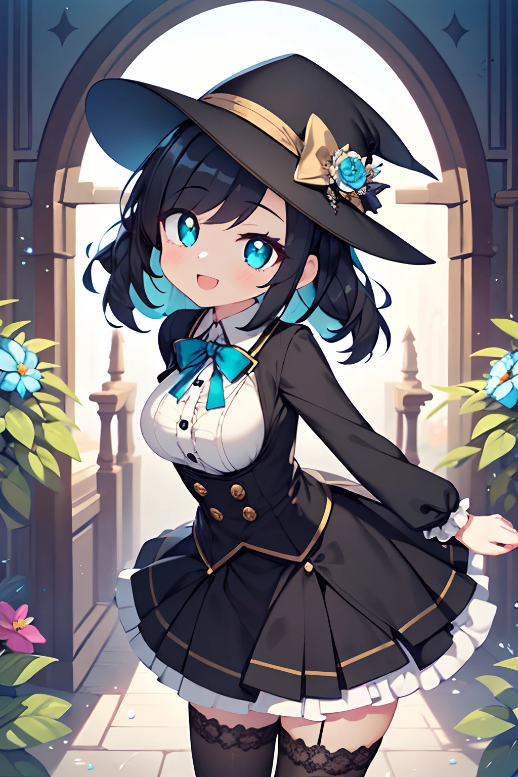 Highly detailed and realistic CG, Colorful , Masterpiece, Best Quality, 1girl, solo, ****, petite, child, 10 years old, black hat, gothic, long sleeves, collared shirt, frill, buttons, aqua flower, jewel, skirt, aqua ribbon, thigh highs, gothic school uniform, jewel-like eyes, amber eyes, black hair, shiny hair, shiny skin, skinny legs, (happy smile:1.1), (jig eyes:1.5), half-closed eyes, big breasts, child toddler,