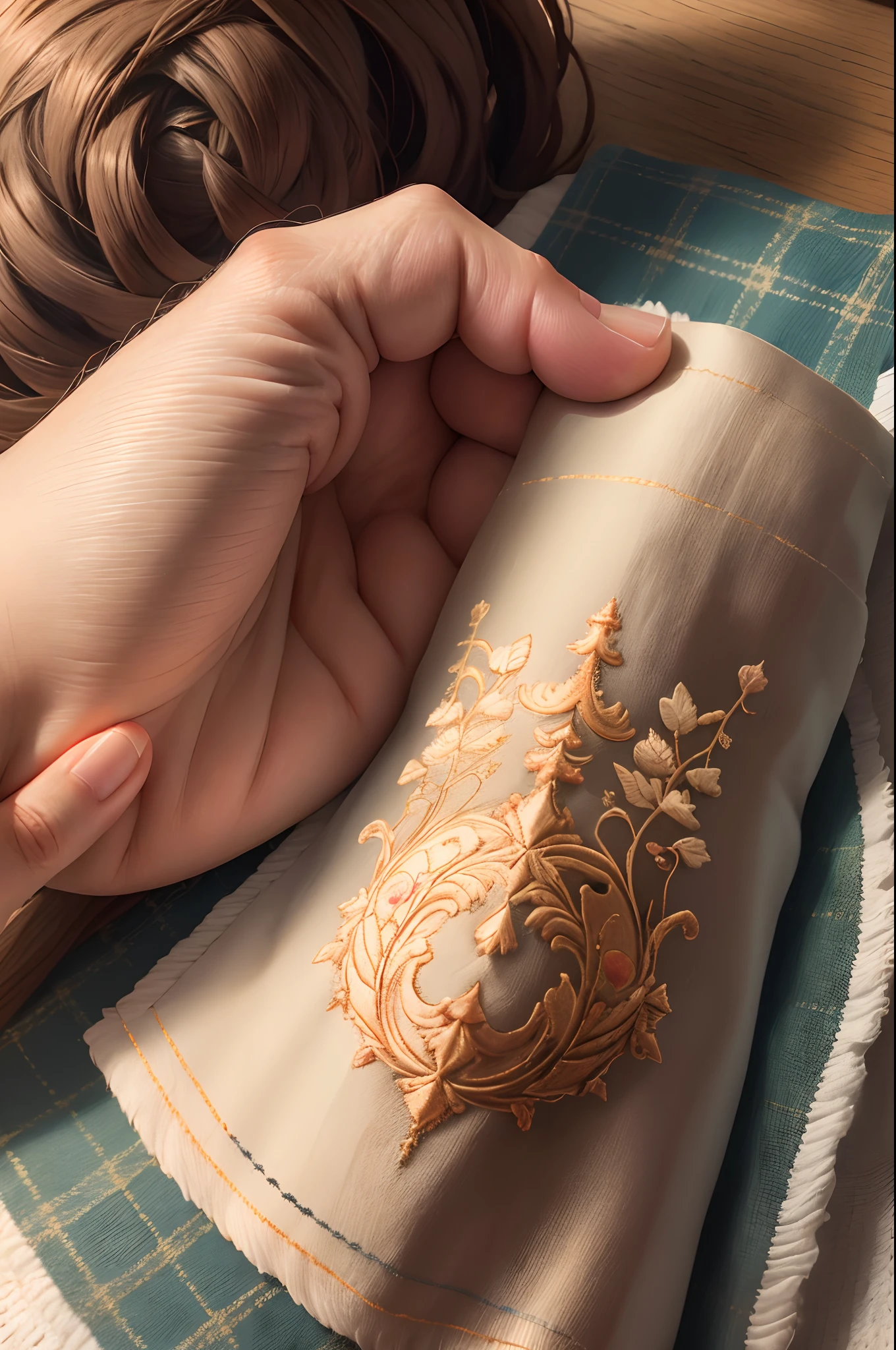A hand holding an embroidered cloth napkin. Delicate princess hand. ((detailed hand))