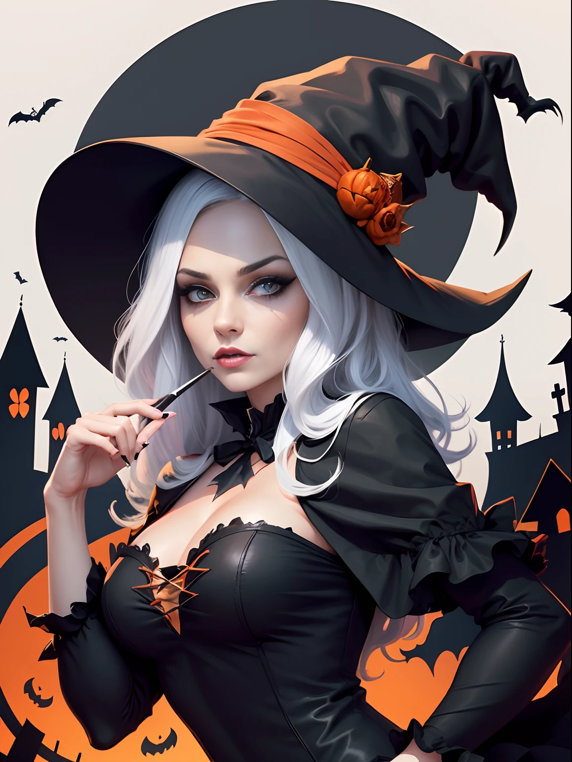 High quality design vector style image, t-shirt print style, graphic art white background of a Halloween art style, bright and realistic colors, style sexy witch with a pointy hat, fantasy style scenery halloween
