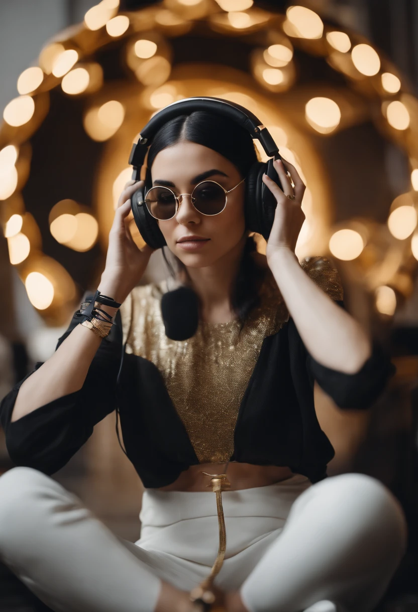 white Black hair girl attached in a bun with a casque recording an audio for podcast  with round  gold  glassess