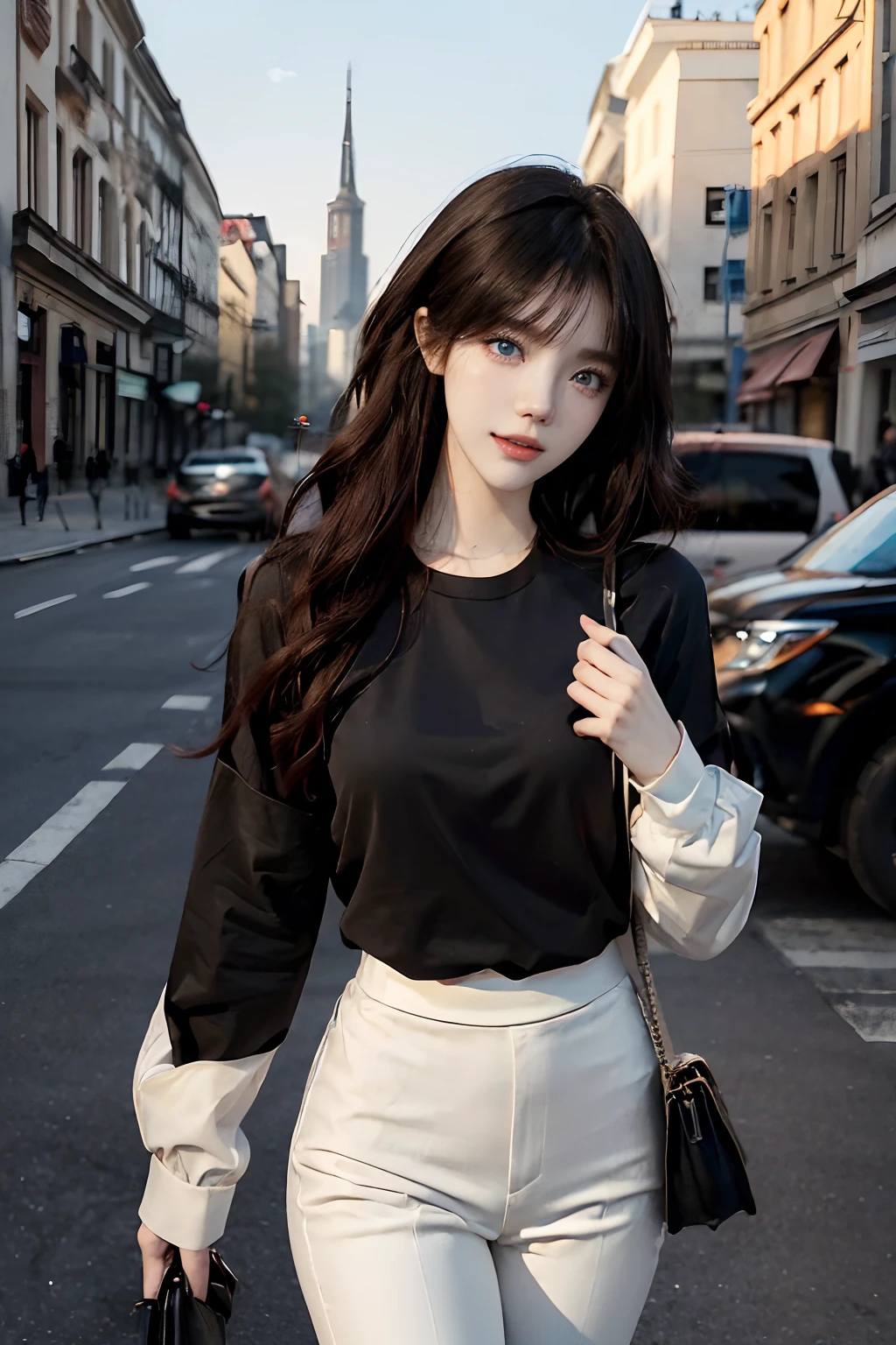 ((4K works))、masterpiece、(top-quality)、1 beutiful girl、Slim body、tall、((Black Y-shirt and white pants、Attractive streetwear and black bags))、(Detailed beautiful eyes)Night city、Taking a walk in a fashionable city、((Face similar to Carly Rae Jepsen))、((Long boyish red hair))、((Smaller face))、((Neutral face))、((Bright blue eyes))、((American adult women))、((Adult female 26 years old))、((cool lady))、((Like a celebrity))、((Smiling expression))、((Korean Makeup))、((elongated and sharp eyes))、((Happy dating))、((boyish))、((She is walking in a secluded place))、((She is walking in front of the viewer))、Professional Photos