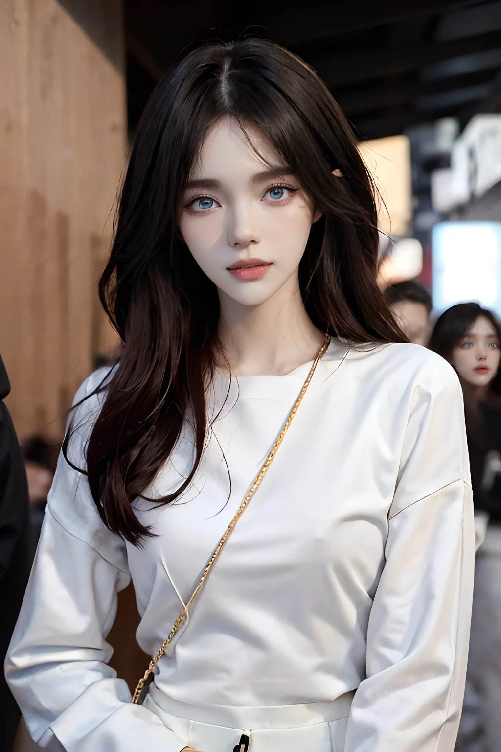 ((4K works))、​masterpiece、(top-quality)、1 beutiful girl、Slim body、tall、((Black Y-shirt and white pants、Attractive streetwear and black bags))、(Detailed beautiful eyes)Night city、Taking a walk in a fashionable city、((Face similar to Carly Rae Jepsen))、((Long boyish red hair))、((Smaller face))、((Neutral face))、((Bright blue eyes))、((American adult women))、((Adult female 26 years old))、((cool lady))、((Like a celebrity))、((Smiling expression))、((Korean Makeup))、((elongated and sharp eyes))、((Happy dating))、((boyish))、((She is walking in a secluded place))、((She is walking in front of the viewer))、Professional Photos