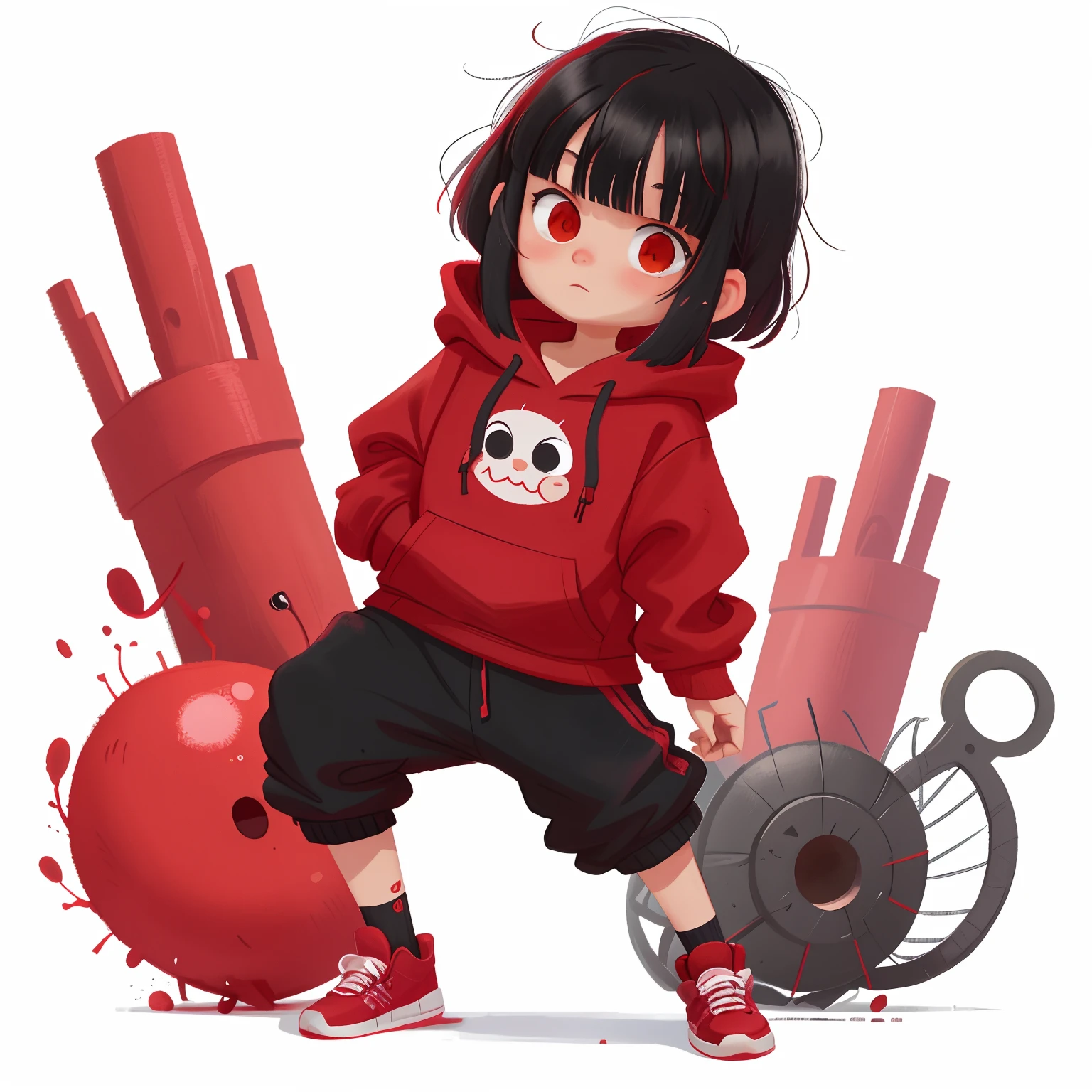 A girl, black hair, red bangs in one eye, red hoodie, black pants, One leg in wounds, black sneakers, mesh on one leg