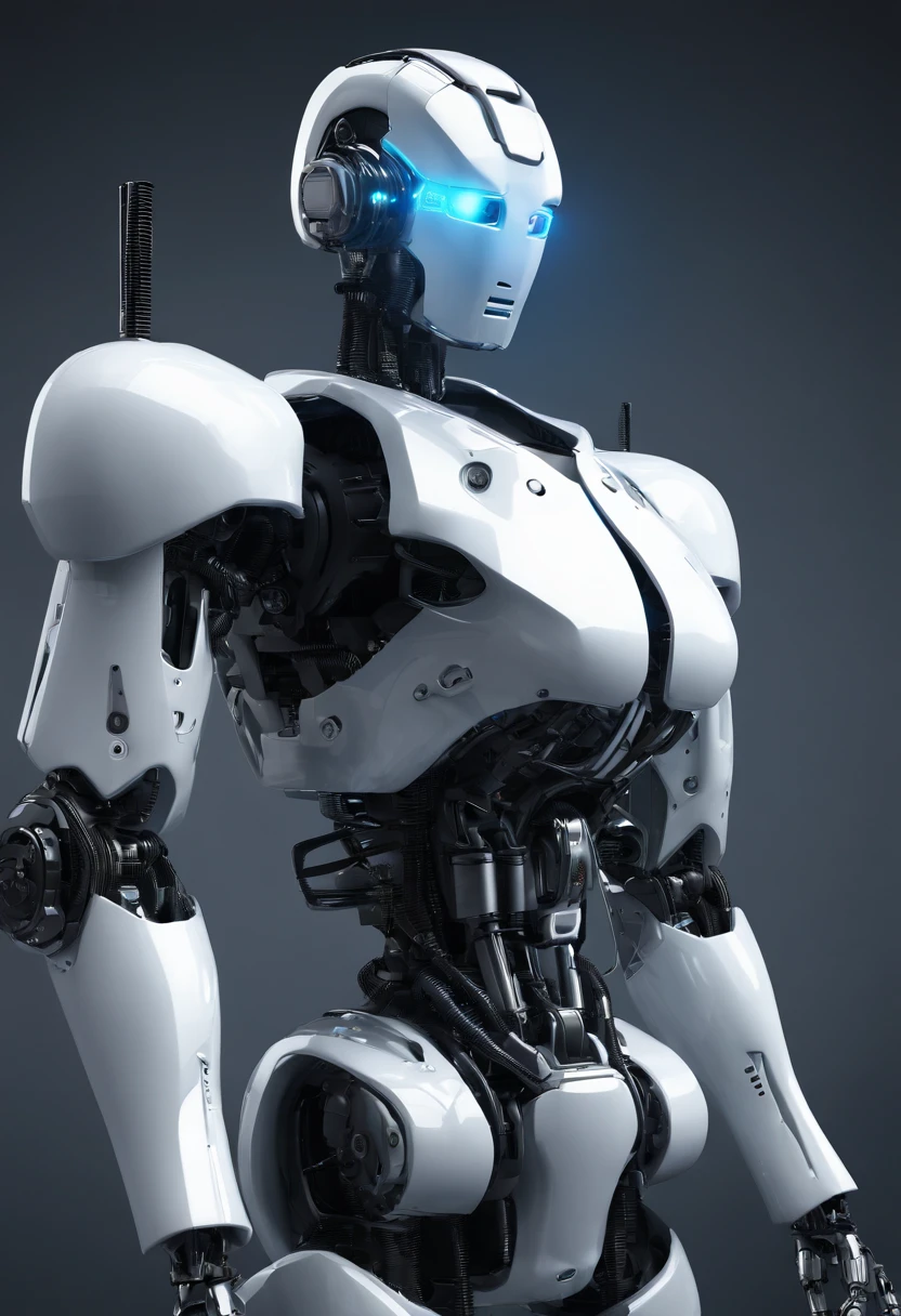 Full body view, head cctv camera, senso de tecnologia, c4d, renderizador OC, Motor irreal, High detail, desenho industrial, HD 8K, studiolight, retroA closeup of a robot with a blue light on its head, robotic bionic technical, futuristic robot, cute robot, white robot, cute humanoid robot, futuristic robots, concept robot, futuristic robot body, futuristic robotics, close-up of a standing robot, humanoid robot, robotic body, portrait of a futuristic robot, friendly humanoid cyber robot