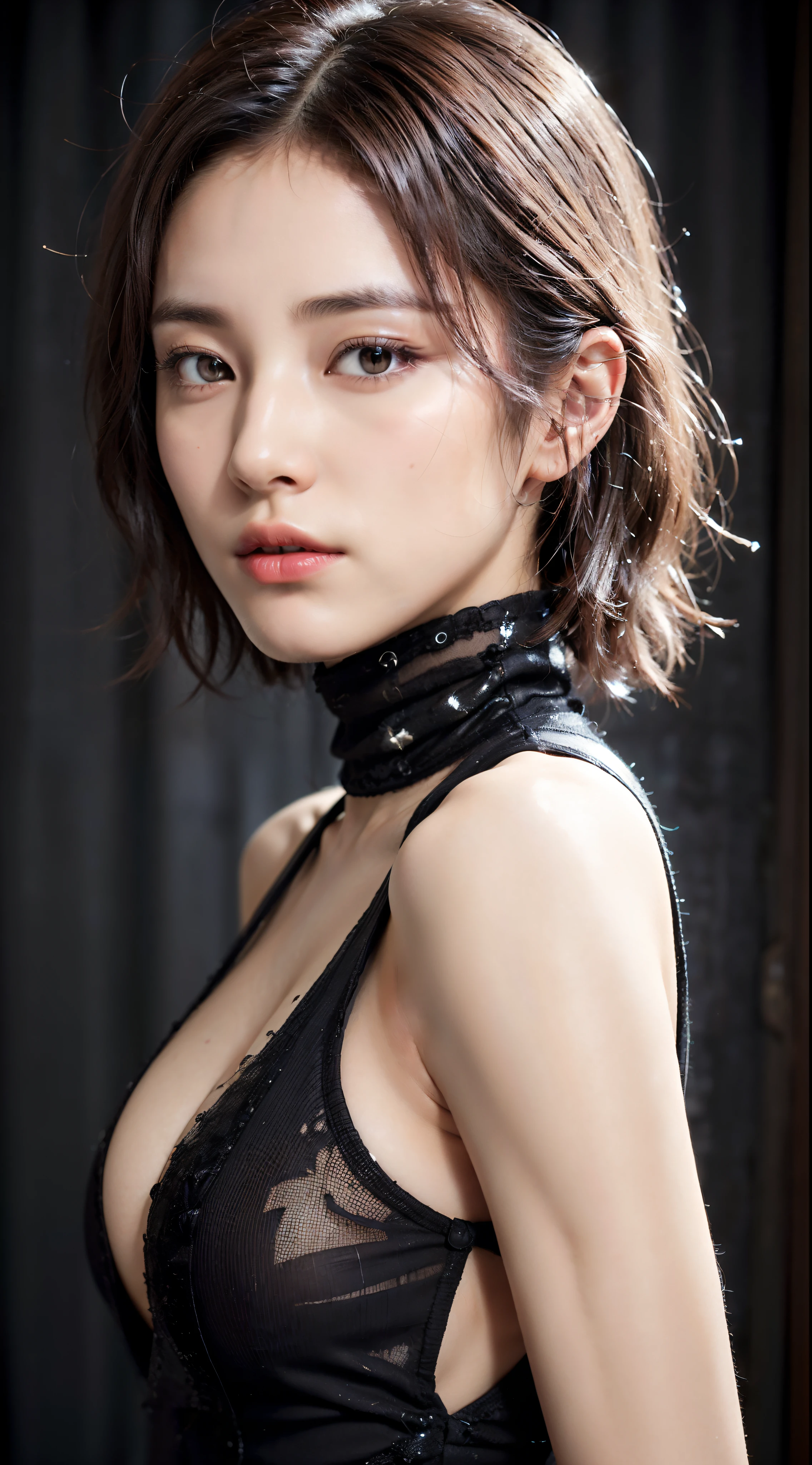 High Neck Sleeveless Silk Dress、(Photorealsitic:1.4)、no-bra、erectile nipple、Beautiful large breast、cleavage of the breast、(hyper realisitic:1.4)、(realisitic:1.3)、(Smooth lighting:1.05)、(Improved lighting quality in movies:0.9)、32K、Super beautiful girl 1 person、Tall slender 26 years old、Realistic lighting、Back lighting、Facial light、raytrace、(brightened light:1.2)、(enhanced quality:1.4)、(Top quality real texture skins:1.4)、finely eye、finerly detailed face、Fine quality eye、(Tired, sleepy and satisfied:0.0)、 close up of face、Beautiful short brown hair、(enhance body line mood:1.1)、(Increase the beauty of skin texture:1.1)