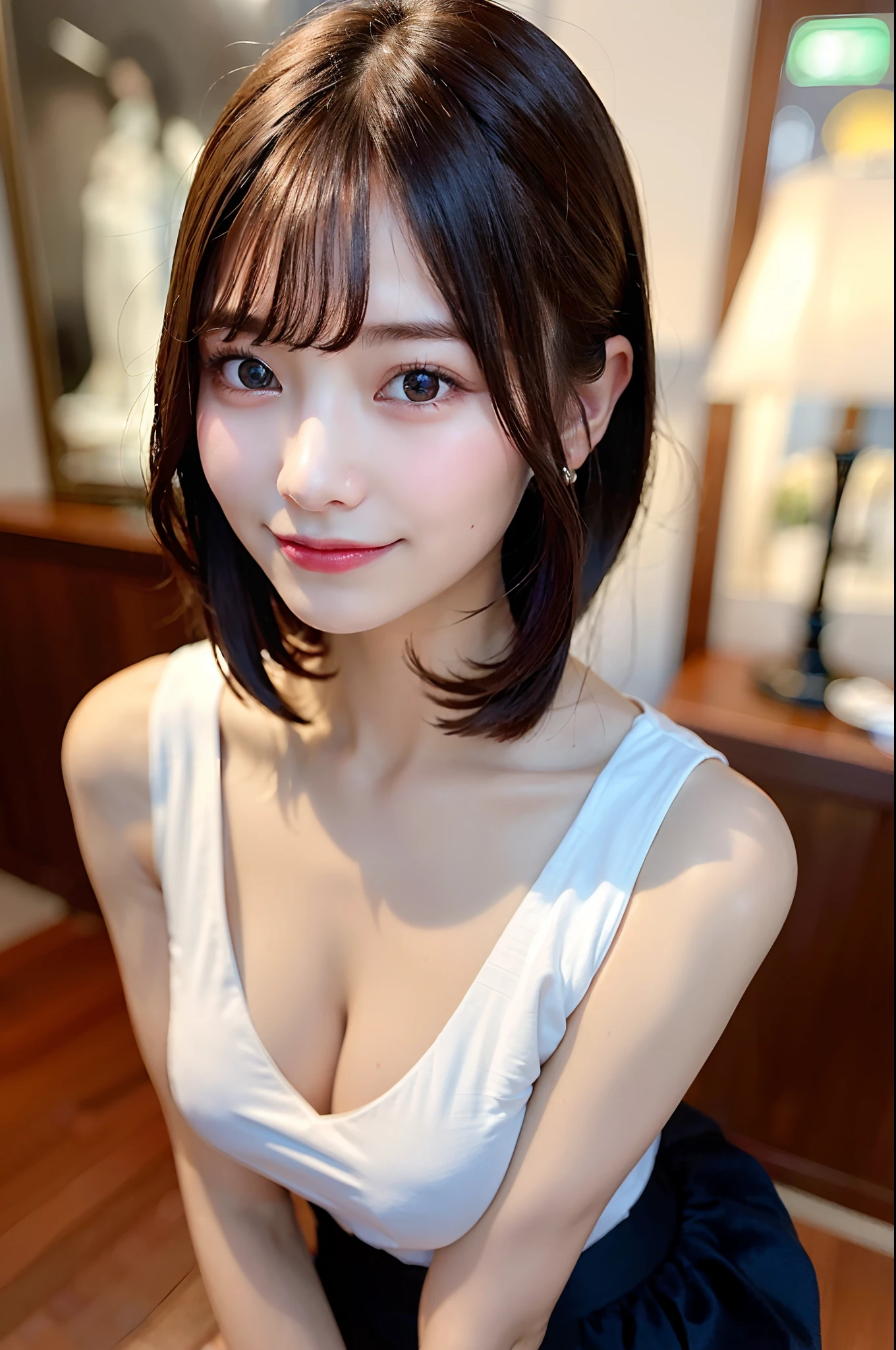 (top-quality、8K、32K、masuter piece、nffsw:1.2)、Bery short hair、profile、(slim figure:1.2)、(s lips) 、、tshirts、huge tit、二重まぶた、shinny skin、Realistic rays、mare、beauitful face、(A smile:1.3)、crouching down、(From above:1.2)、(a closeup:1.4)、blurry backround、(Front Focus)、(Dark: 1.6)、Fantasy Art、photoRealstic、Professional Lighting、extra detailed face、Award-winning、deep-shadows、