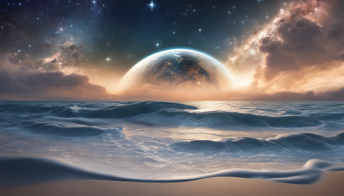 huge planet, the night, starrysky, surrealism, masutepiece, hight resolution、Impressive Milky Way、sand beach、Blue Sea、drift ice