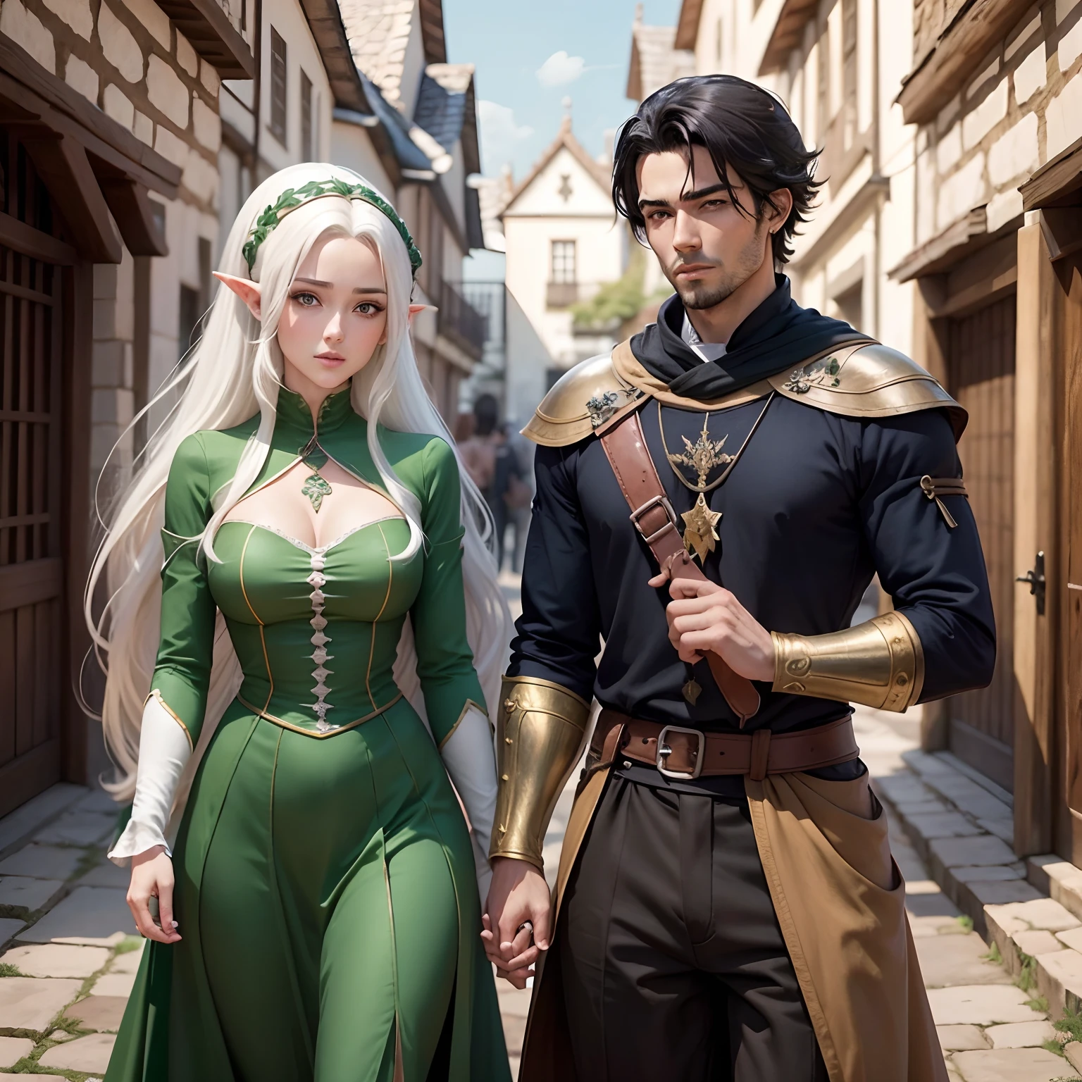 Homem alto esguio elfo, casal medieval estilo anime arte realista, mulher bonita. cabelos negros, Sung Jin, solo leveling manga. Mulher. Cabelo preto