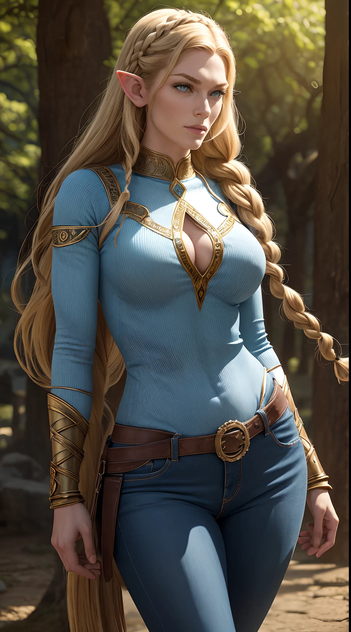 Alyssa Sutherland como uma loira MYTHOLOGICAL ELFA usando jeans ( tight jeans ), jaqueta blue jeans, detalhes dourados, longos braceletes, cinto vermelho, golden armlets, coxas torneadas, strong facial expression, look at the camera, olhos claros, long braided blonde hair, orelhas de elfo, , ELF EARS clearly visible, orelhas de ELFO expostas sob os cabelos, Curvilinear athletic body, musculatura definida, Mulher Destemida, Body position of greatness, perspectiva de corpo inteiro, Vista lateral do corpo, castelo medieval, cavalo, Imagem 64K altamente detalhada