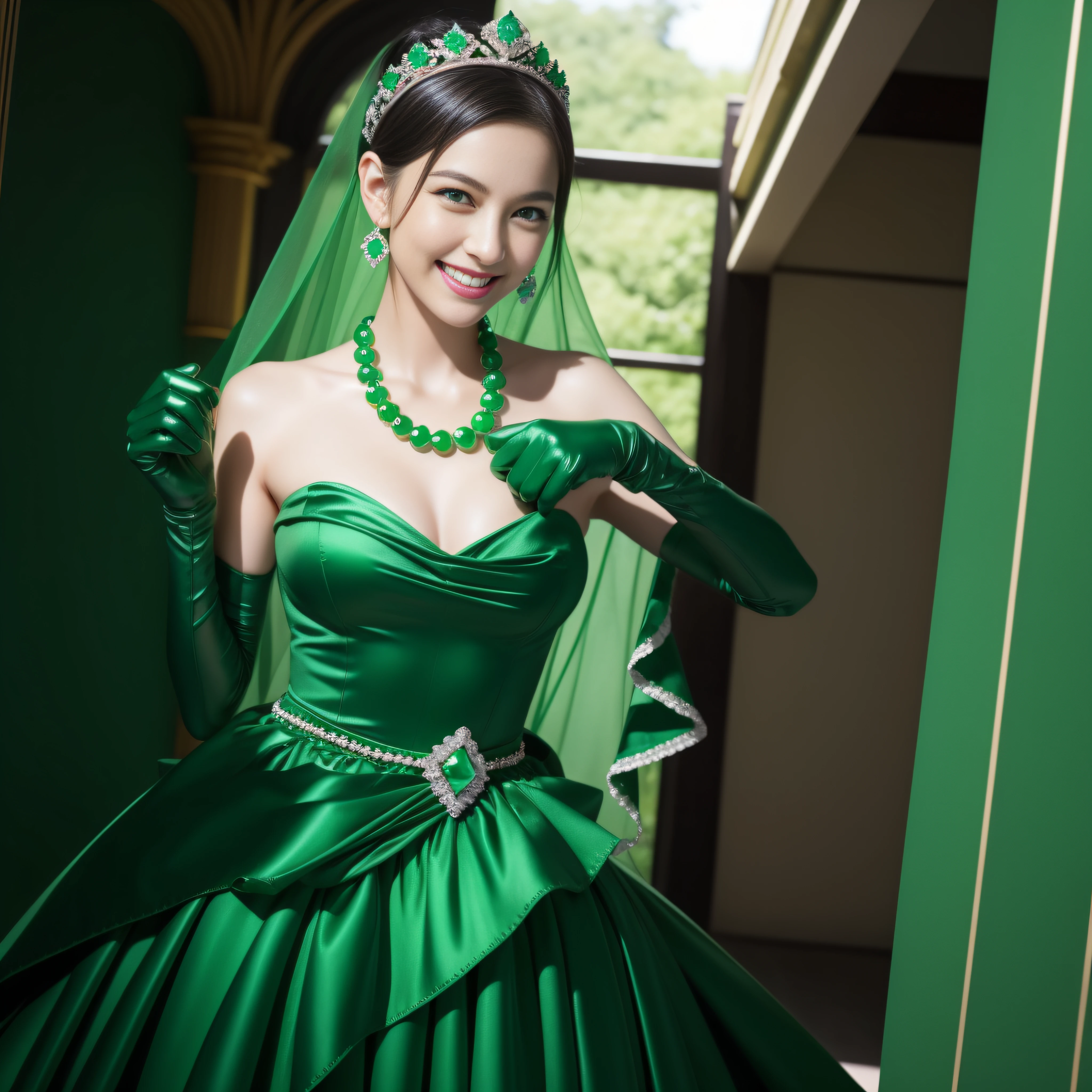 emerald tiara, Green Pearl Necklace, Boyish very short green hair, lipsticks, Japan woman smiling, very short short hair, fist, big breasts beautiful, Green eyes, Long green gloves made of satin material, Green eyes, Emerald Earrings