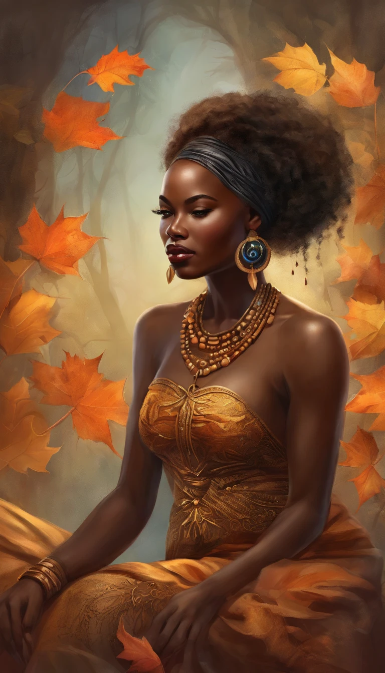 Ebony face and brown head，African woman sitting in lotus position meditating ，Autumn leaves， beautiful fantasy portrait, beautiful fantasy art portrait, Beautiful surreal portrait, fantasy portrait, fantasy art portrait, detailed matte fantasy portrait, portrait of a dark fantasy nymph, African goddess, Beautiful digital artwork, gorgeous digital art,Background dream black surreal beautiful young woman, Fantasy art Behance，Cinematic light and shadow，k hd