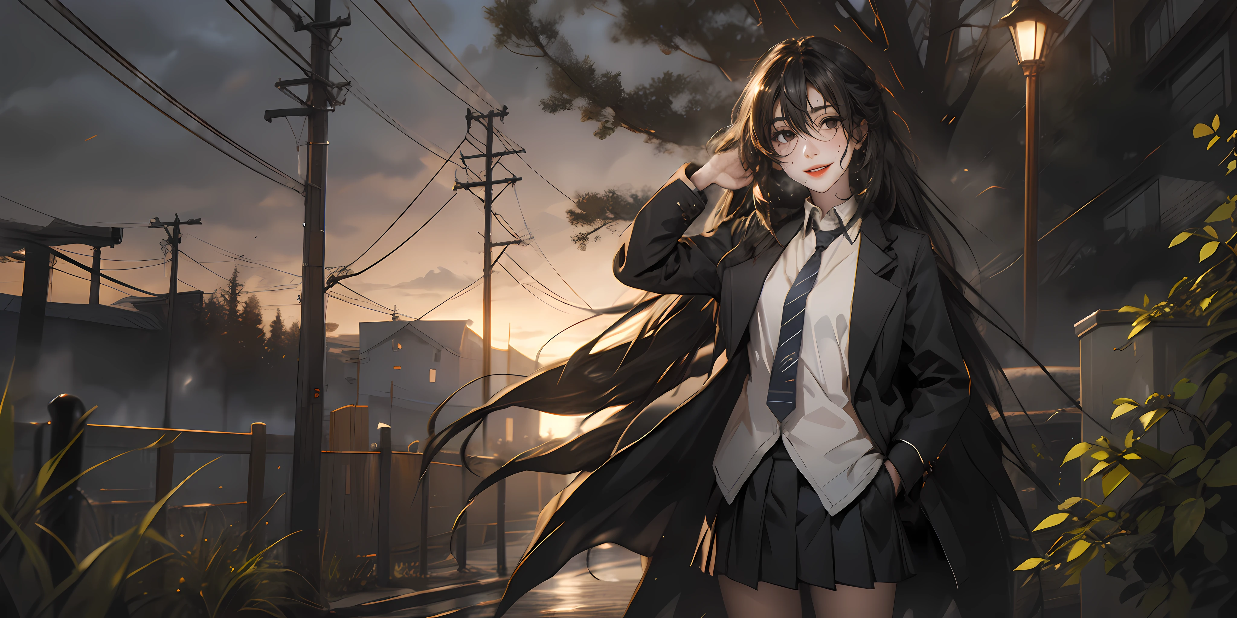 KirukiruAmou, (black hair, long hair, black eyes:1.4), 1girl, skirt, long_hair, necktie, black_hair, power_lines, blue_eyes, solo, pleated_skirt, outdoors, very_long_hair, smile, jacket, shirt, school_uniform, tree, bangs, standing, open_clothes, eyebrows_visible_through_hair, sky, long_sleeves, looking_at_viewer, telephone_pole, black_skirt, blush, hand_in_pocket, wing_collar, miniskirt, white_shirt, cowboy_shot, open_jacket, collared_shirt, bare_tree, hand_up, striped_neckwear, sign, lamppost, fog, steaming body,