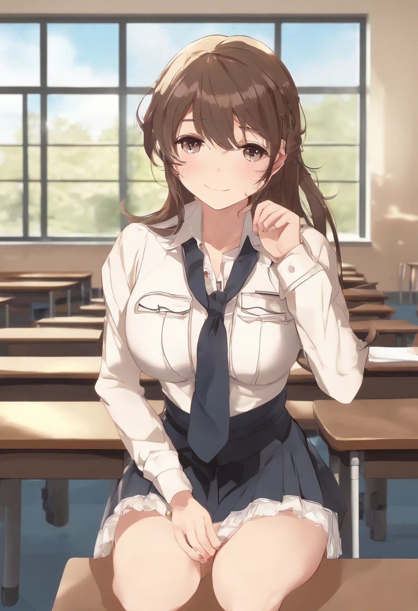 photo of a iom girl, 1girl, solo, Masterpiece, best_quality, high_resolution, distinct_image, high_contrast, 8K, kawaii anime girl, 1girl, cant be this cut, large_breasts, 18 years old, beautiful detailed skin, detailed face, (school uniform:1.1), Braid, (delicated skirt:1.05), shy, indoors, room, hand on breasts, indoors, class room,