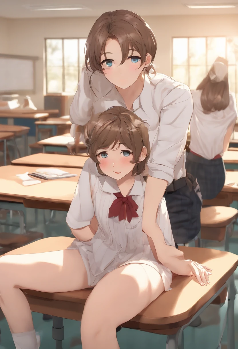 ((masterpiece)),((best quality)),absurdres,, 1girl, 1boy, squatting cowgirl position, pov, school uniform, exposed panties, , (classroom:1.1), sunlight, ,  (half-closed eyes:0.4), (parted lips:1.4), (nose blush:1.2), light smile, (nervous),