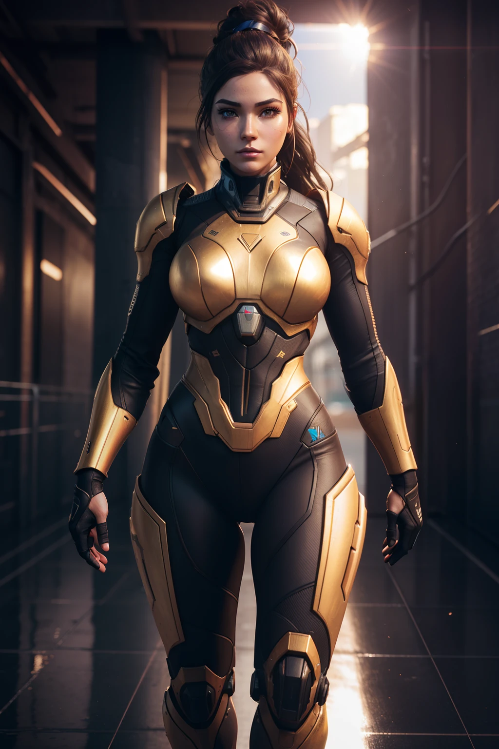 From face to the waist::1, realistic skin texture, zbrush::1 realistic super detailed hair, 3d::1, front view::1, mech suit::1, sports photography, panning photography::1, vaporwave::1, golden hour, unreal engine::1, zbrush::1, charlie bowater::1, bold makeup::1