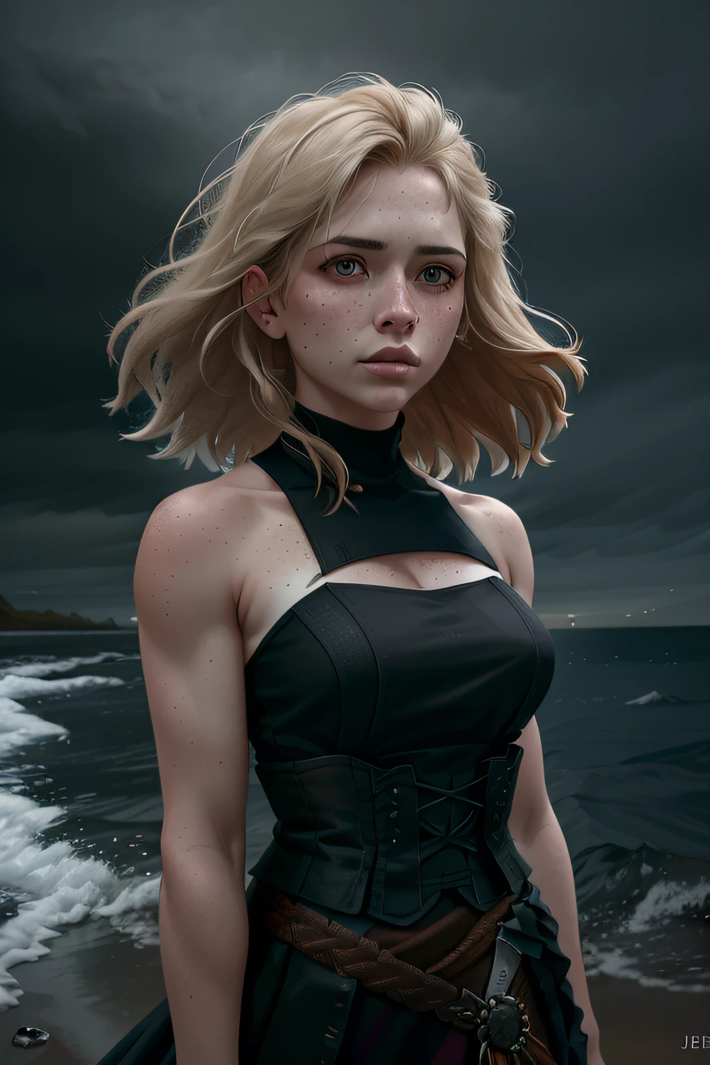 deepshadow, sinister, an award winning photograph, Best quality, Masterpiece, Upper body, woman, Freckled face, Blonde hair blown by the wind, Emerald eyes, Jeremy Lipkin's modern strapless dress, author:Antonio J. Manzanedo, author:Lee Jeffries Nikon D850 Film Stock Photo 4 Kodaport 400 Camera F1.6 Shots rich colors Ultra-realistic realistic textures Dramatic lighting Trends on Unreal Engine ArtStation CineStill 800, fisheyelens, Style-Kilt, Windy beach, Scottish lakes, forest