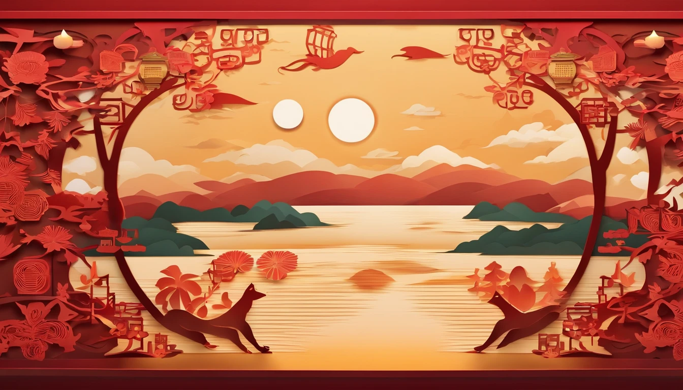 Festive lanterns, Family reunion, Moon cake, Moon viewing, Impressionism, Dragon dance, Panoramic view, Warm light, Festive lights, Colorful light