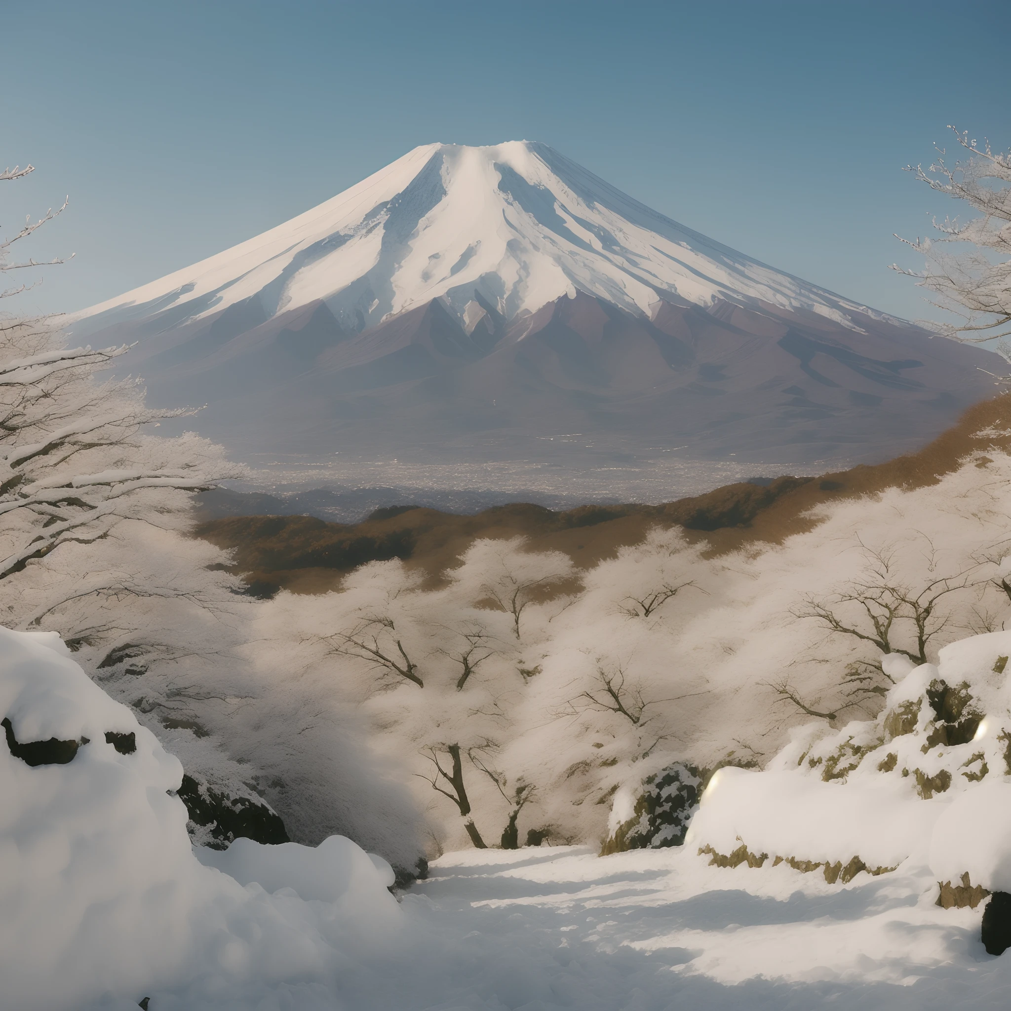 snowy mountain with a snow covered peak in the distance, mt. fuji, mount fuji, japan mountains, rinko kawauchi, masami kurumada, fuji choko, naoya tanaka, at snowy fuji mountain sunrise, by Kiyohara Tama, japan, fuji 8 0 0, inspired by Kaii Higashiyama, fujicolor photo