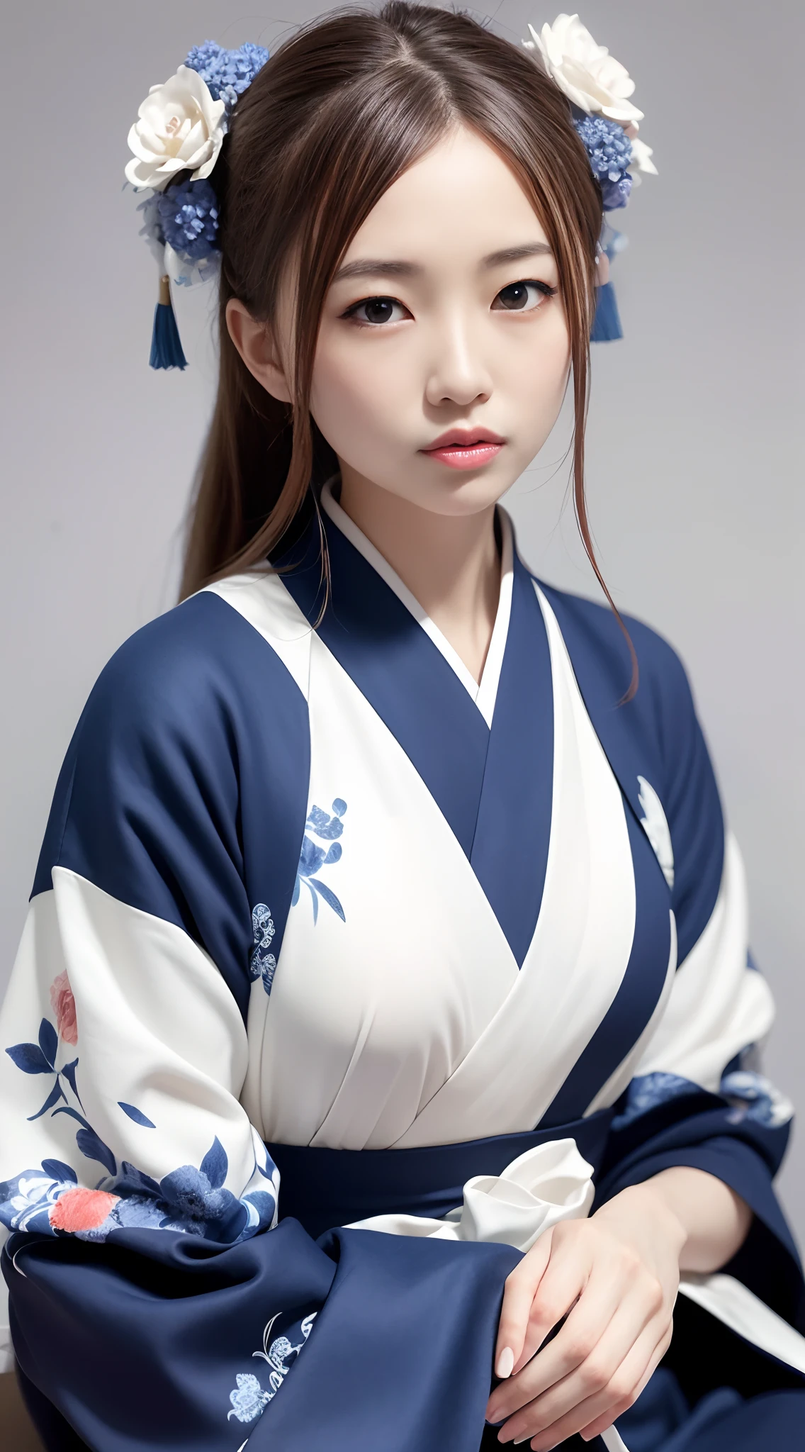 A painting, a woman in a blue and white dress with flowers in her hair, blue and white porcelain style, Hanfu girl, Japanese art style, ancient Chinese art style, beautiful figure painting, Chinese painting style, with ancient Chinese aesthetics, Chinese style, beautiful artwork illustration, Chinese traditional art, oriental art style, blue and white porcelain exhibition, beautiful anime portrait character composition in the lower left corner, blue and white porcelain background decoration in the upper right corner