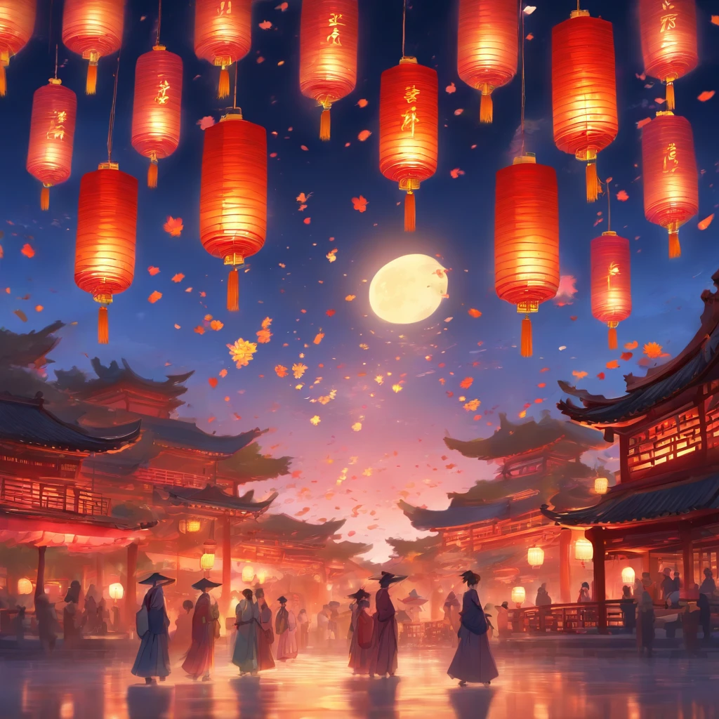 Festive lanterns, Family reunion, Moon cake, Moon viewing, Impressionism, Qi Baishi, Dragon dance, Panoramic view, Warm light, Holiday light, Colorful light
