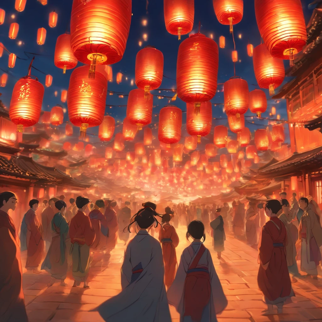 Festive lanterns, Family reunion, Moon cake, Moon viewing, Impressionism, Qi Baishi, Dragon dance, Panoramic view, Warm light, Holiday light, Colorful light