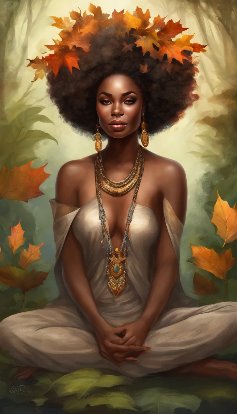 Ebony face and brown head,African woman sitting in lotus position meditating ,Autumn leaves, beautiful fantasy portrait, beautiful fantasy art portrait, Beautiful surreal portrait, fantasy portrait, fantasy art portrait, detailed matte fantasy portrait, portrait of a dark fantasy nymph, African goddess, Beautiful digital artwork, gorgeous digital art,Background dream black surreal beautiful young woman, Fantasy art Behance,Cinematic light and shadow,k hd
