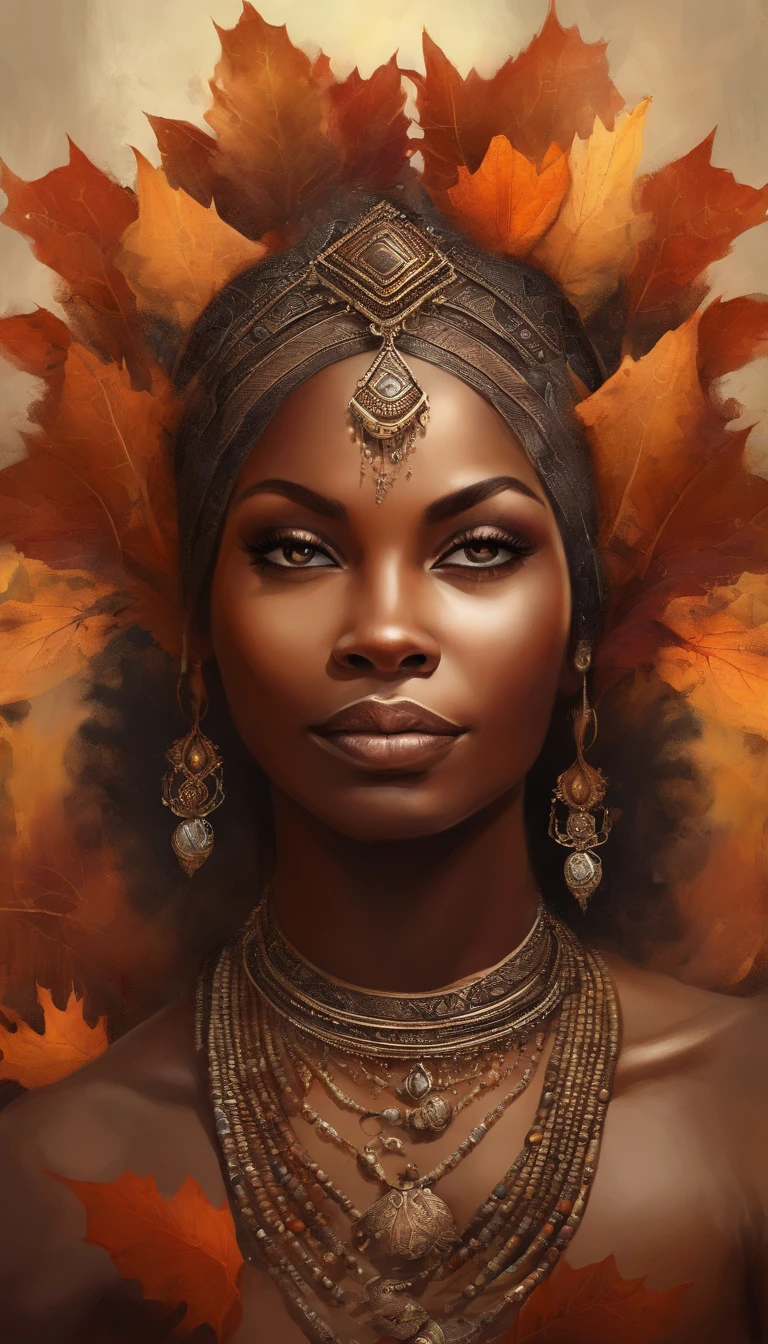 Ebony face and brown head,African woman sitting in lotus position meditating ,Autumn leaves, beautiful fantasy portrait, beautiful fantasy art portrait, Beautiful surreal portrait, fantasy portrait, fantasy art portrait, detailed matte fantasy portrait, portrait of a dark fantasy nymph, African goddess, Beautiful digital artwork, gorgeous digital art,Background dream black surreal beautiful young woman, Fantasy art Behance,Cinematic light and shadow,k hd