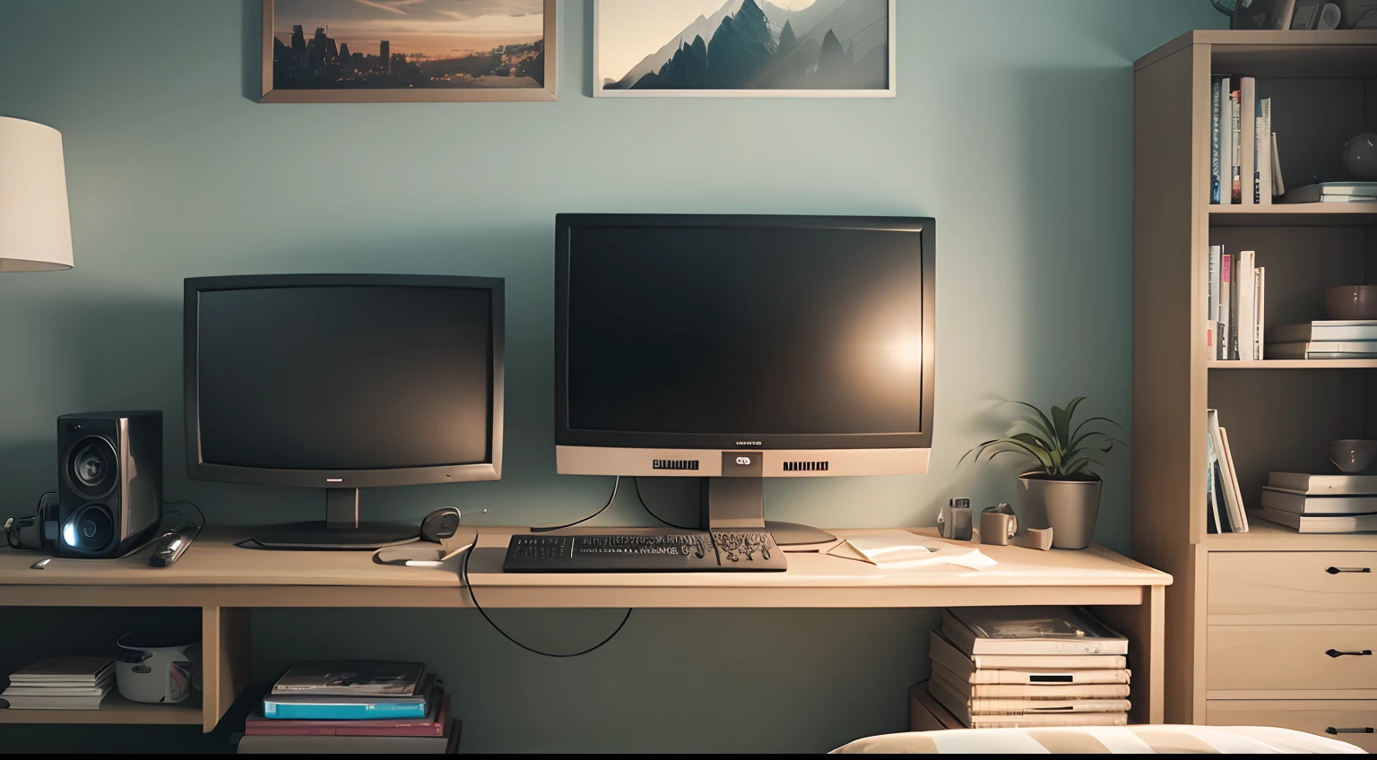 film still, tv switer, flawless, modern, technological, 2080s sitcom style, 2 computer monitors, no paintings, sophisticated, symbolic