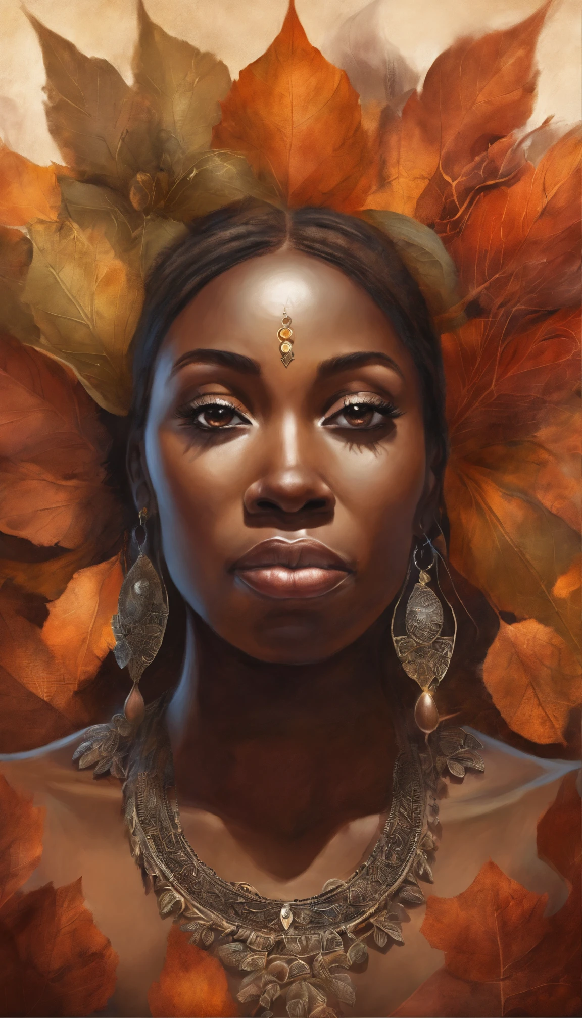 Ebony face and brown head，African woman sitting in lotus position ，Autumn leaves， beautiful fantasy portrait, beautiful fantasy art portrait, Beautiful surreal portrait, fantasy portrait, fantasy art portrait, detailed matte fantasy portrait, portrait of a dark fantasy nymph, African goddess, Beautiful digital artwork, gorgeous digital art,Background dream black surreal beautiful young woman, Fantasy art Behance，Cinematic light and shadow，k hd