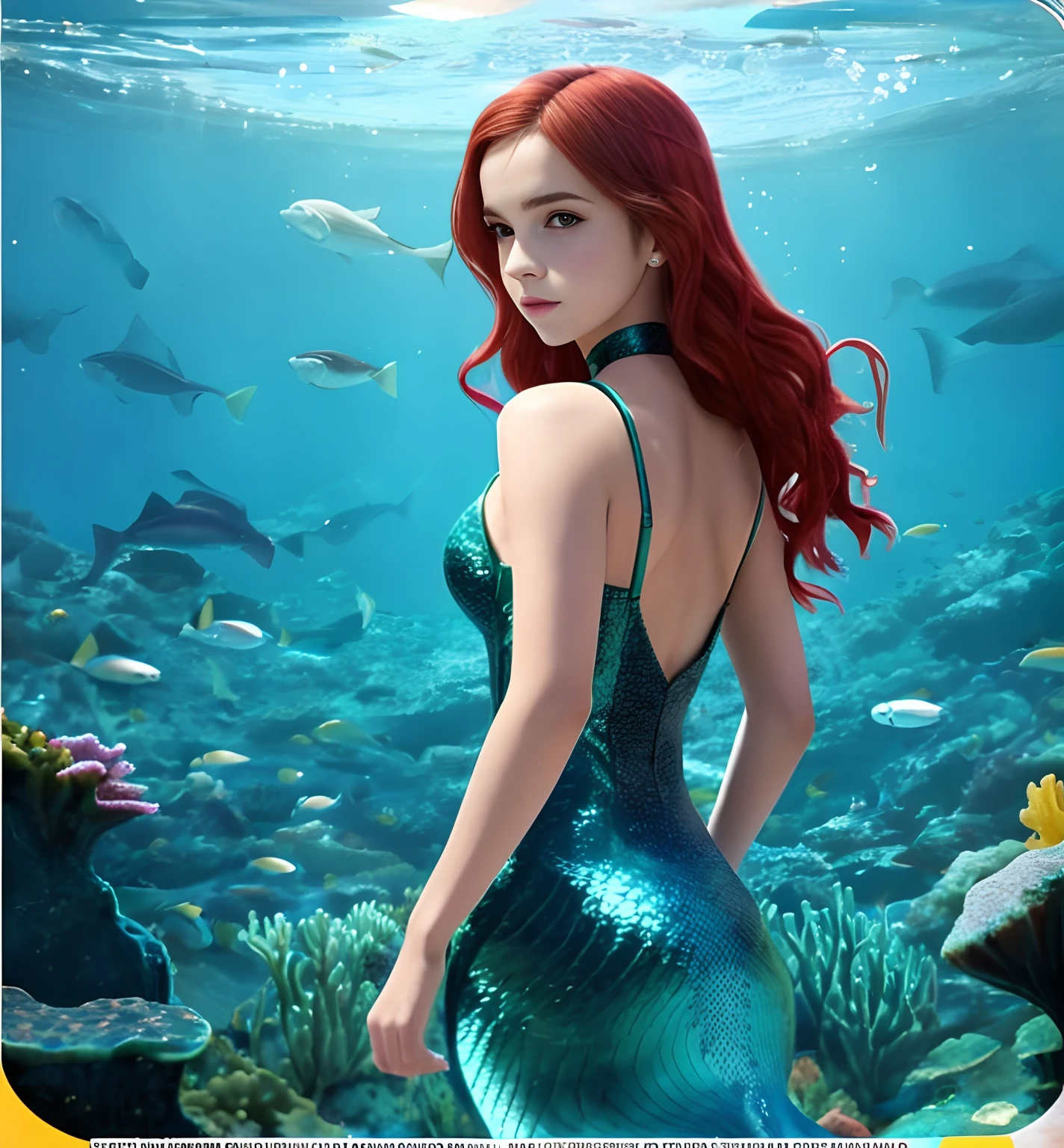 DC film and television character Mera,A red-haired woman in fish scales standing in the water, mermaid cyborg with a laser whip, emma watson as sea mermaid, queen of the sea mu yanling, film promotional image, Wanda, Kaio, movie poster character, aquaman aesthetic, emma watson as a mermaid, movie promotional art, Queen of Atlantis, 2022 movie