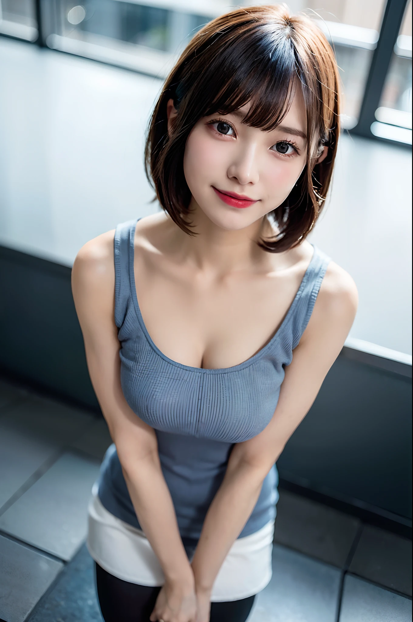 (top-quality、8K、32K、masuter piece、nffsw:1.2)、Bery short hair、profile、(slim figure:1.2)、(s lips) 、、Tank tops、Colossal tits、二重まぶた、shinny skin、Realistic rays、mare、beauitful face、(A smile:1.3)、crouching down、(From above:1.2)、(a closeup:1.4)、blurry backround、(Front Focus)、(Dark: 1.6)、Fantasy Art、photoRealstic、Professional Lighting、extra detailed face、Award-winning、deep-shadows、