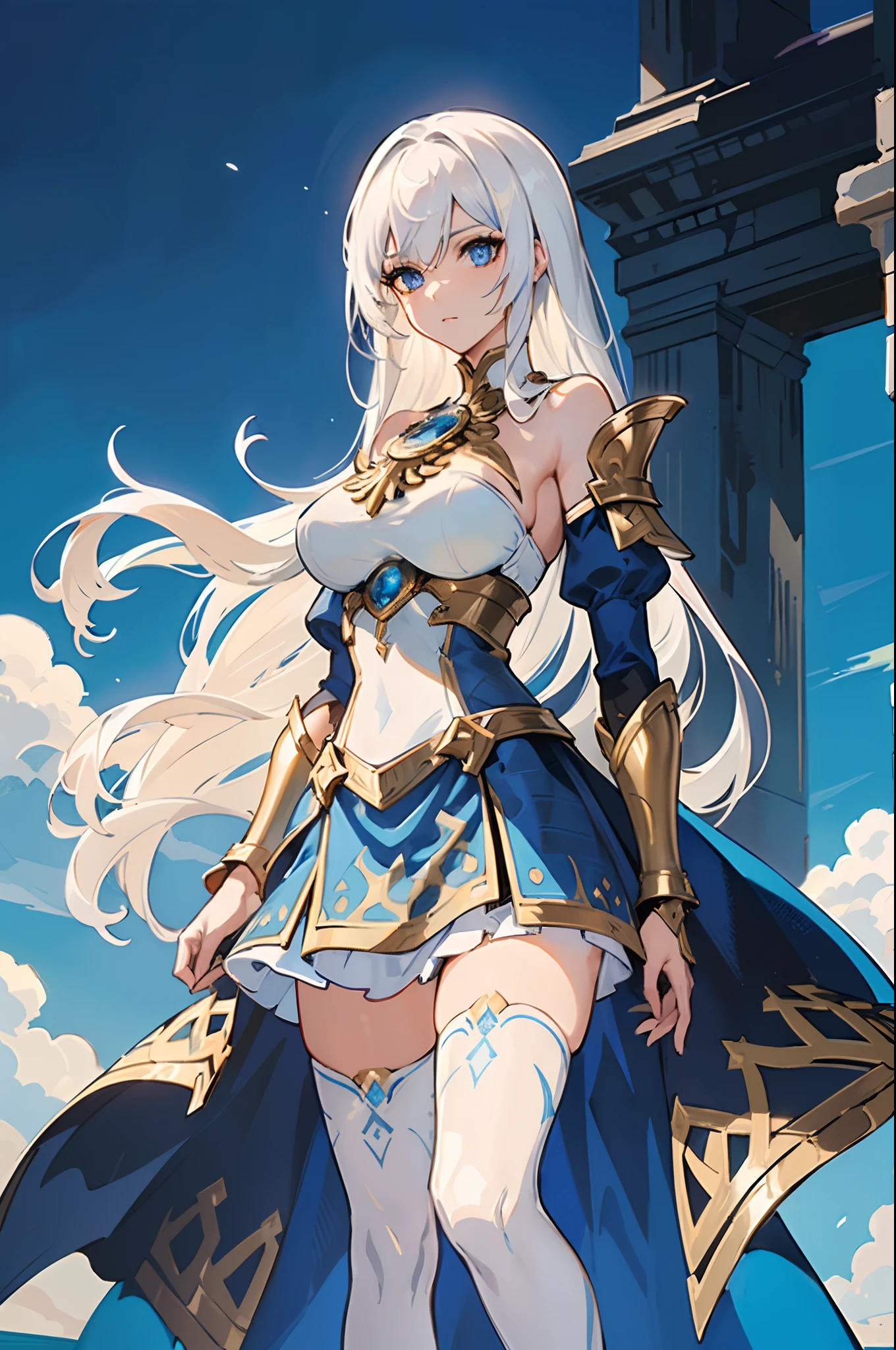 (masterpiece), (best quality), (ultra detailed face), beautiful face, perfect face, slim waist, stunning figure, one girl, long hair, (white hair with blue accent hair), blue eyes, (patterned white sleeves), (white skirt), (black patterned stockings), blue sky, clouds, on top of a ruin, (extremely high details), (long blue dress), knightly attire, warrioress, fire control, water control, (shining eyes), gold ornaments, (fantasy breastplate), (fantasy breast armor), light armor, (bare shoulders), standing, (long right bang), (asymmetrical hair), battle mage concept, untied hair, (blue and white dress with gold accents), ornamental wrist armor, free hands, big breasts, sun on horizon, daytime