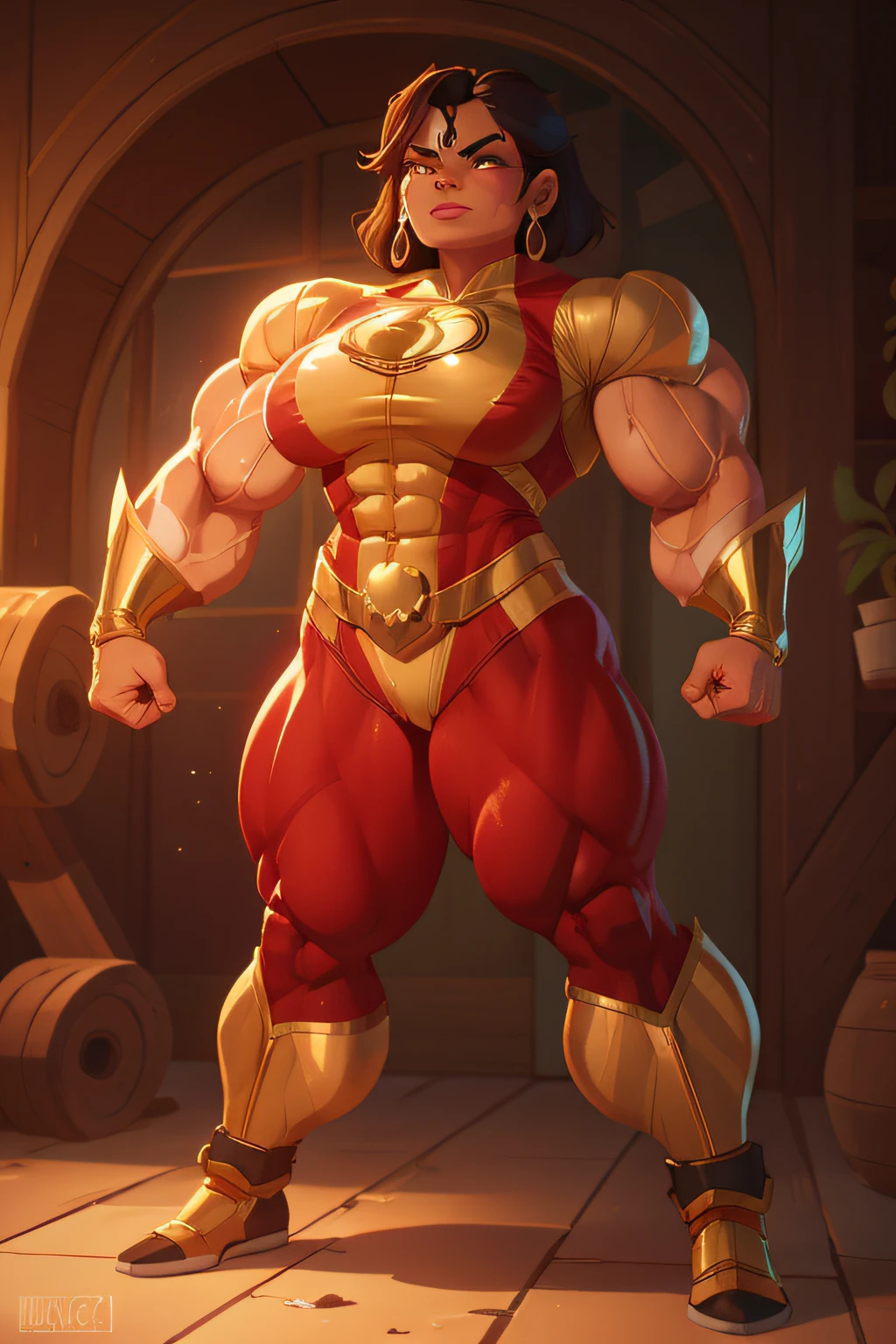 mexican muscle woman flexing muscles wearing gold superhero outfit, muscle woman, big muscles, huge muscles, massive muscles, mature woman