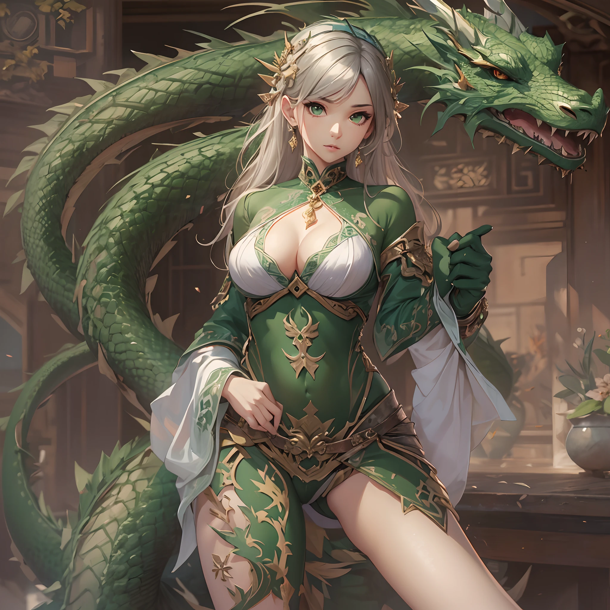 ((Masterpiece, Highest quality)), Detailed face, full bodyesbian, perfectly proportions，Full of details, Martial arts girl，Green Dragon，lacepantyhose，epic exquisite  character art，Natural light